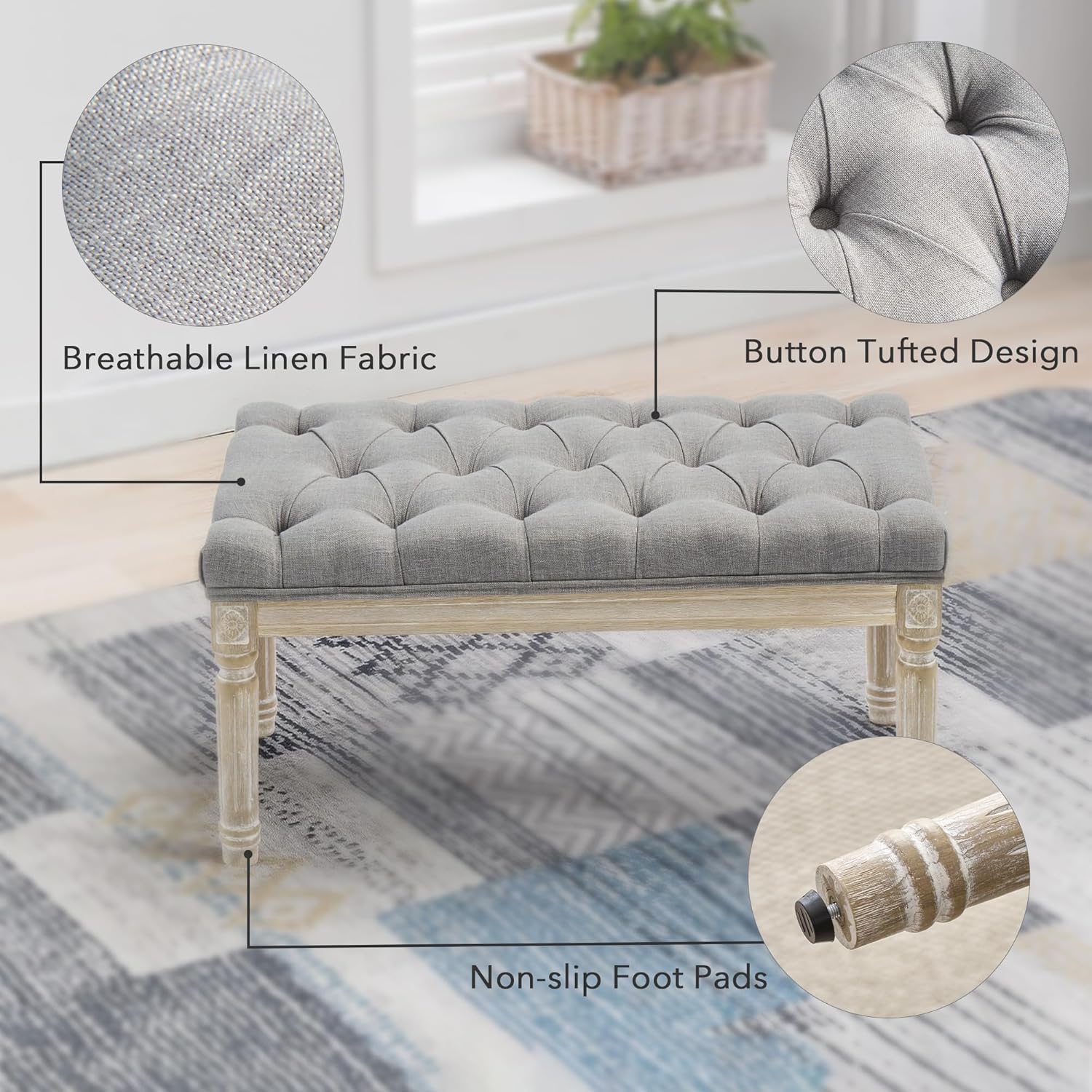 LOULENS French Vintage Bench, Linen Fabric Entryway Bench, Upholstered Tufted End of Bed Bench with Brushed Wood Legs, Grey