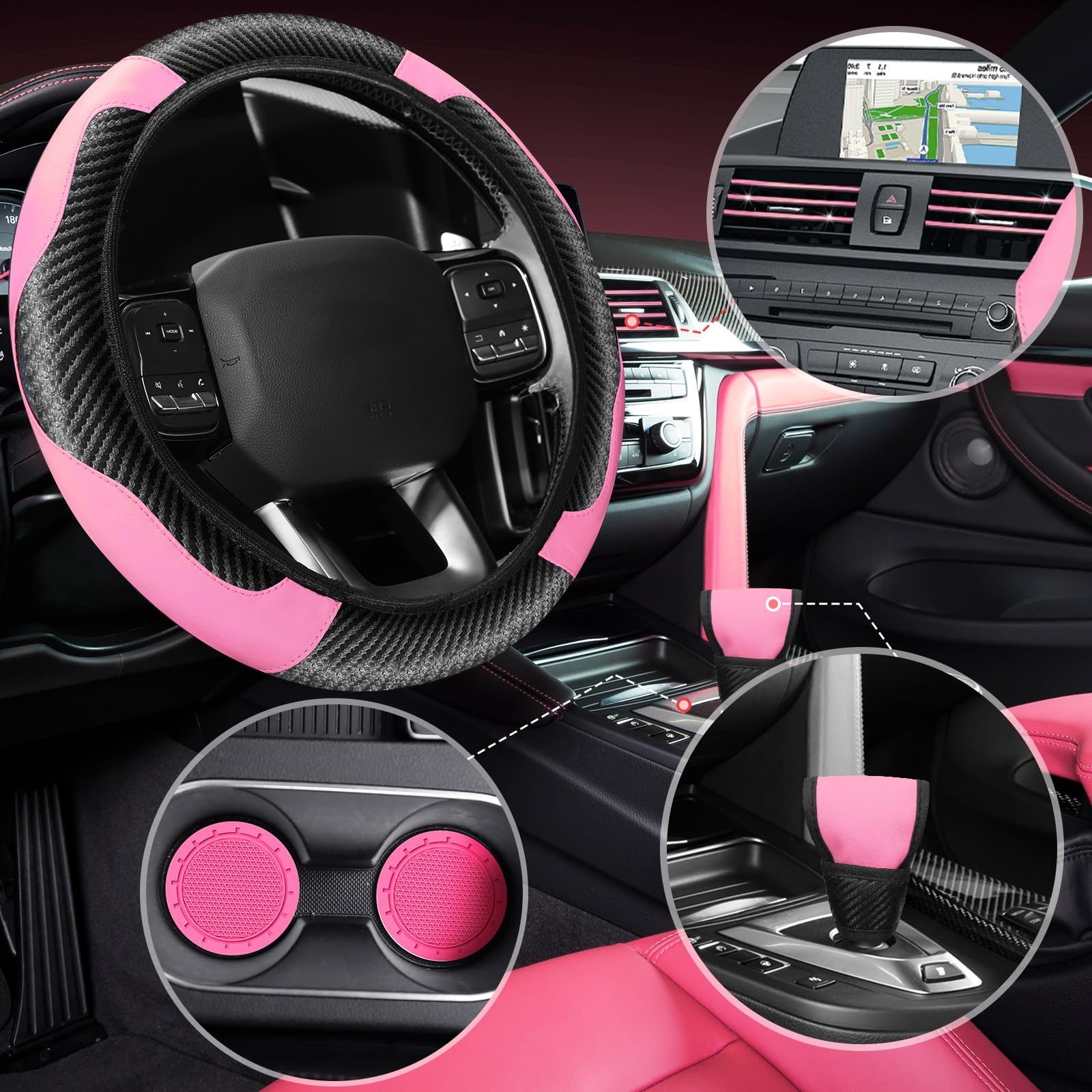 Riakrum 30 Pcs Car Accessories Set Pink and Black PU Leather Steering Wheel Cover Auto Interior Accessories Gift Car Vent Trim Strips Air Conditioner Insert Strips with Installation Tool