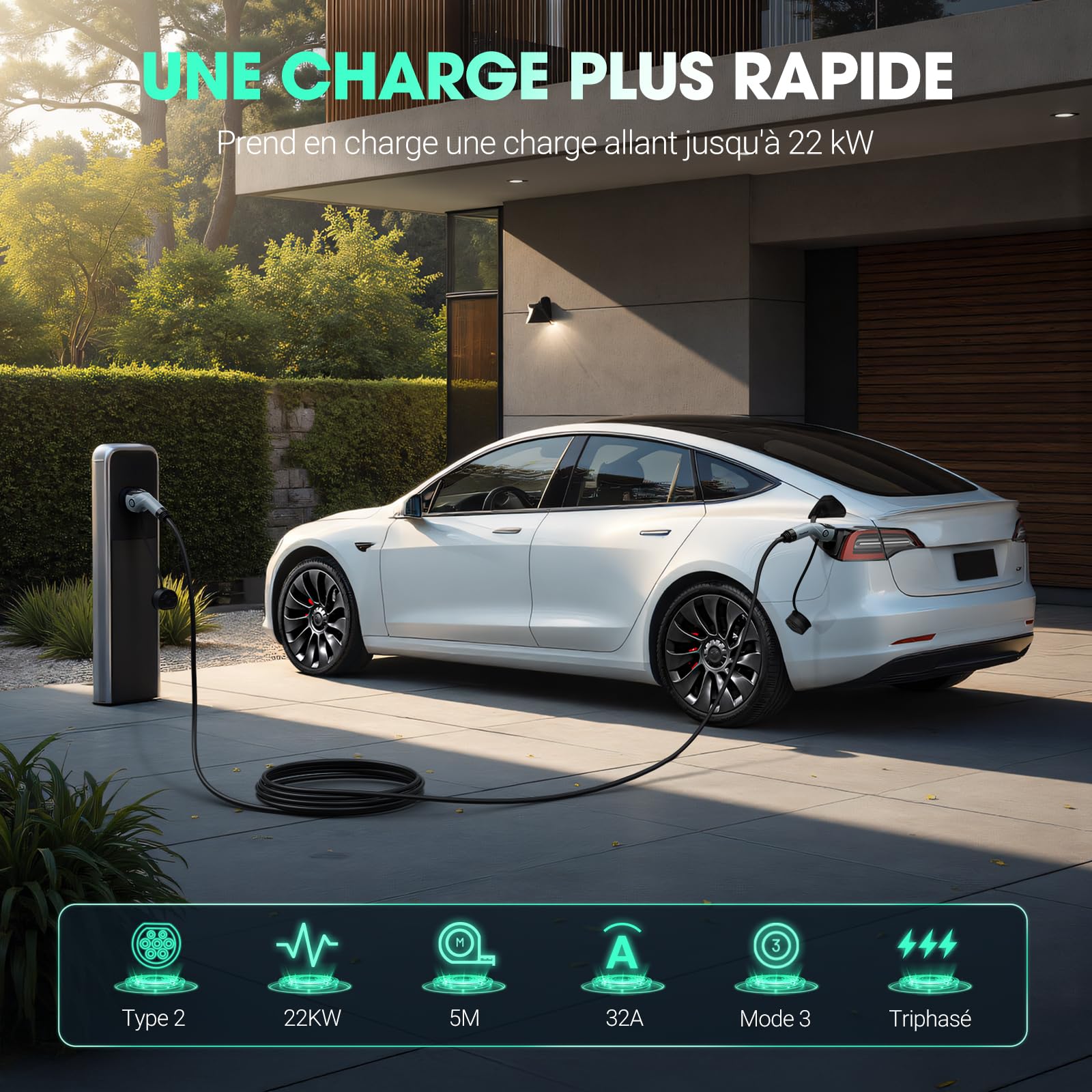 Type 2 Câble de Charge, 22KW 5M 32A Voiture Électrique Triphasé | Type 2 à Type 2 EV/PHEV Câble pour modèles S/3/X/Y, ID.3, I3