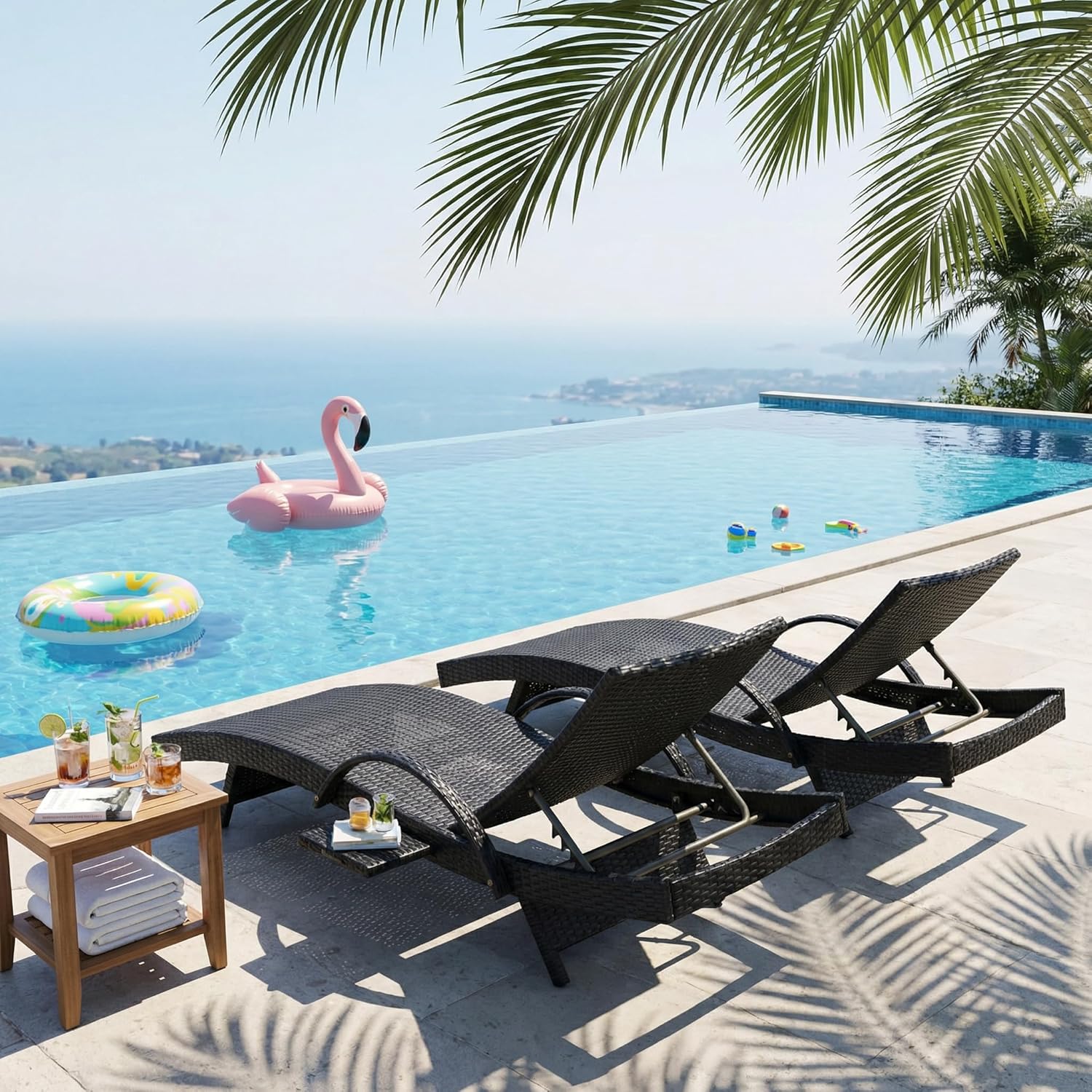 OVENTA Outdoor Wicker Patio Chaise Lounge Chair Set of 4, Black Rattan Pool Furniture Lounger for Outside Poolside Lounges, Jumbo Co Chaise Lounge Chairs, Wicker Patio Pool Furniture
