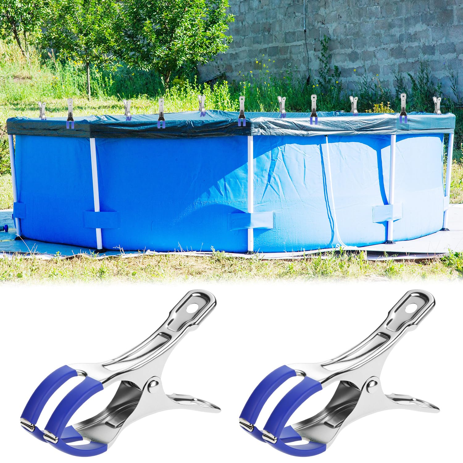 QWORK® 12 Piezas Pinzas de Acero Inoxidable, Grandes Abrazaderas Lonas con Fundas Protectoras, para Piscinas sobre el Suelo, invernaderos, Secado de Ropa