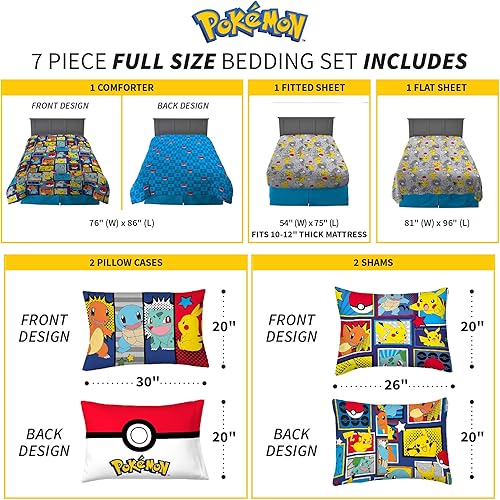Miniatura 4 de Franco Juego de edredón y sábanas súper suaves con funda, 7 piezas, tamaño matrimonial, Pokémon y Pikachu Anime para niños, ropa de cama súper suave