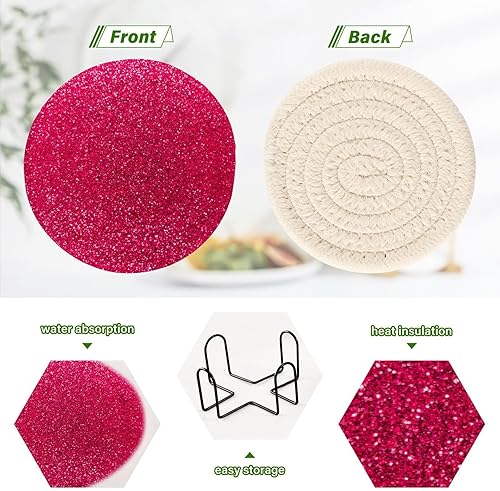Miniatura 4 de Juego de 6 posavasos absorbentes con purpurina rosa para protección de mesa, juego de 6 con soporte absorbente