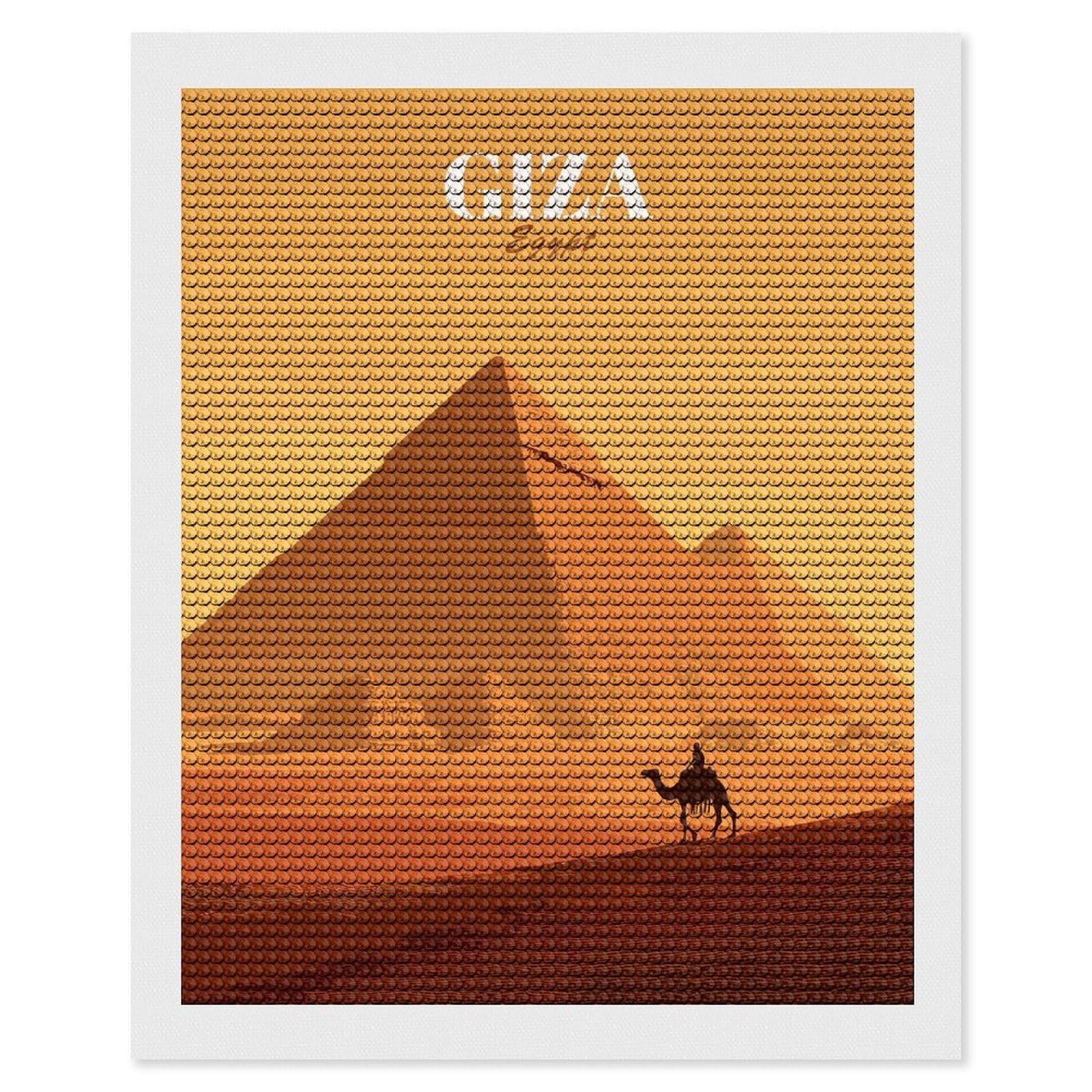 Junmoney Giza Egypt Pyramid Camel Desert Illustration Diamond Painting Canvas Set 16"x20", Satisfying Creative Project, Easy to Follow Symbols, Fun Craft Experience