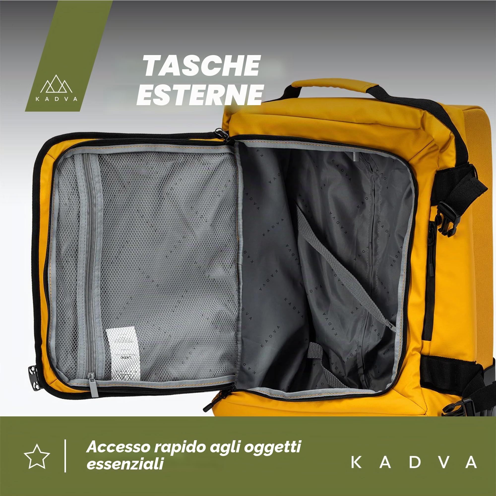 KADVA Valigia da Viaggio su Ruote LAZIO Valigia Bagaglio a mano da 44|74|102 Litri Soft Shell con 2 Ruote Telaio Telescopico Peso 2,7|3,3|3,7 Kg Colore Nero|Blu Marino| Giallo