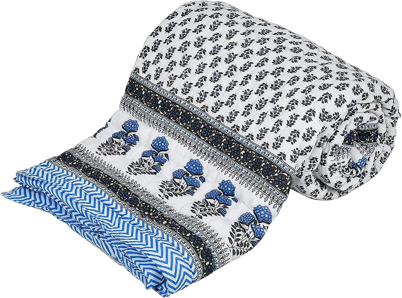 SVT Traditional Famous Rajasthani Print Jaipuri Beautiful Floral Print in White Blue Jaipuri Rajai/Razai/Quilt Twin Size/Twin Size Bed Quilt/Comforter/AC Quilt/AC Comforter