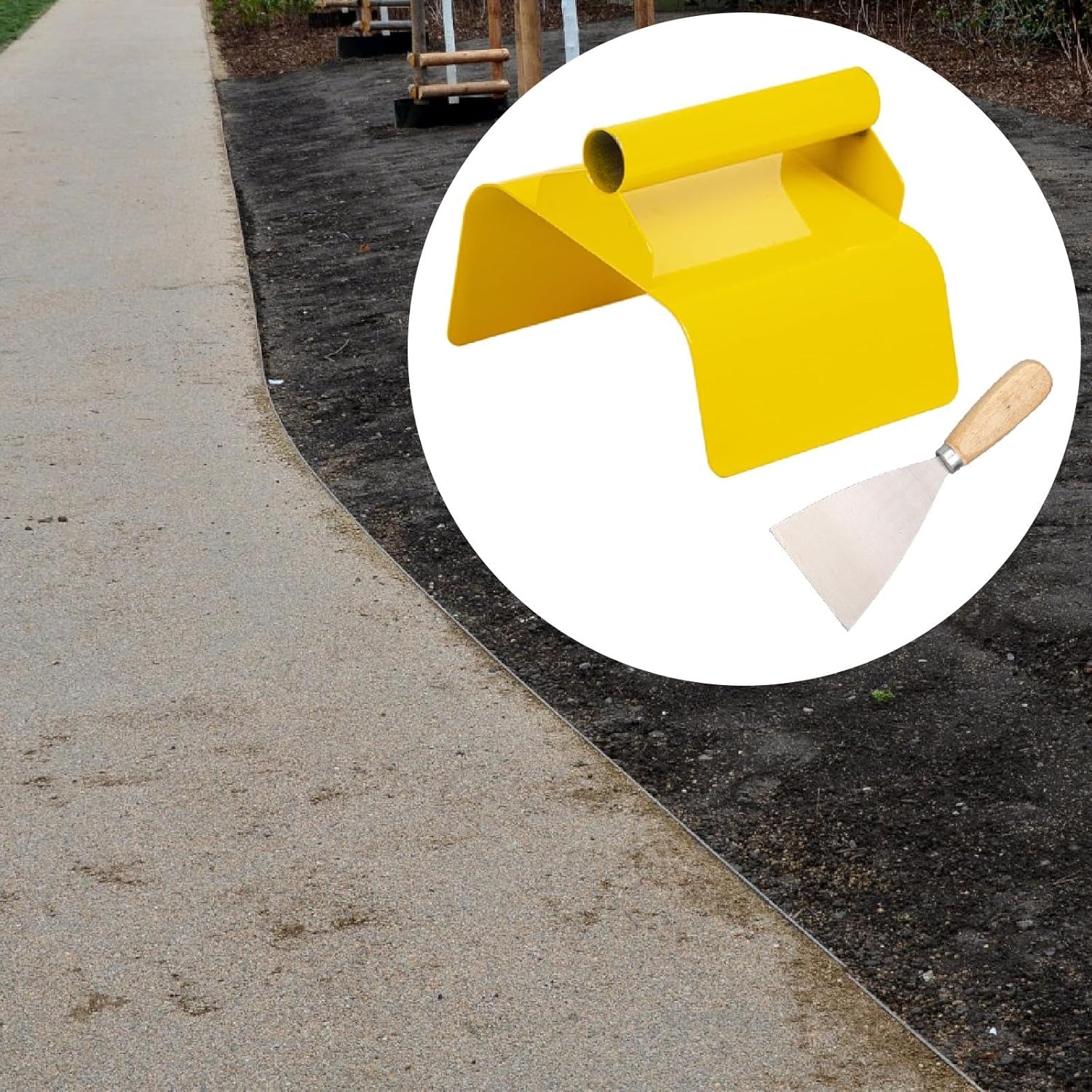 Landscape Curb Trowel Edger Tool with Putty - Stainless Steel Curved Garden Trowel for Plastering Pointing Tile Margin Finish (7.28x5.91 Inch)- Beveled Edge Yellow