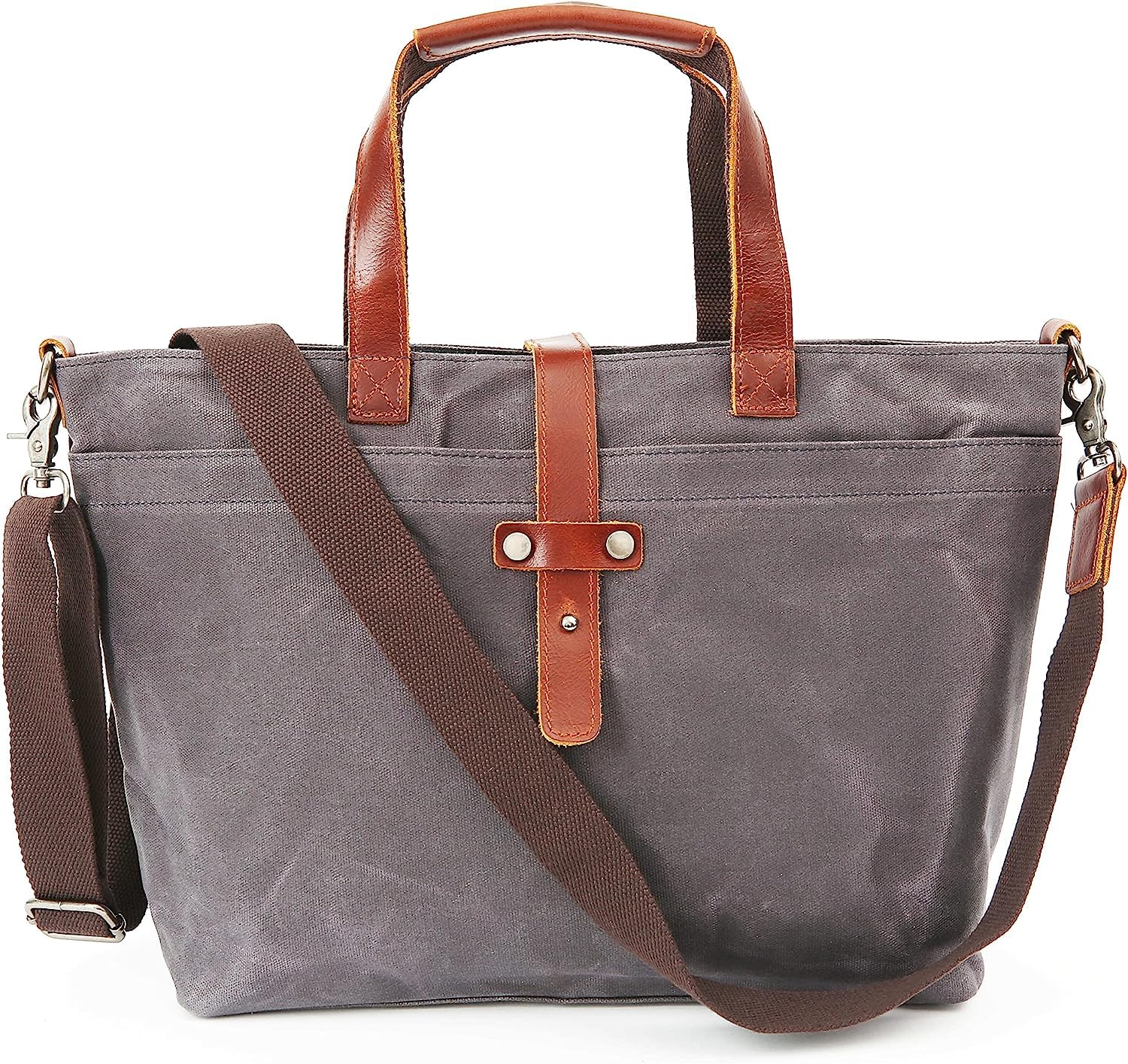 Genuine Leather Canvas Tote Bag for Women Shoulder Bag Work Totes Women's Purse Zipper Handbag with Leather Strap Closure