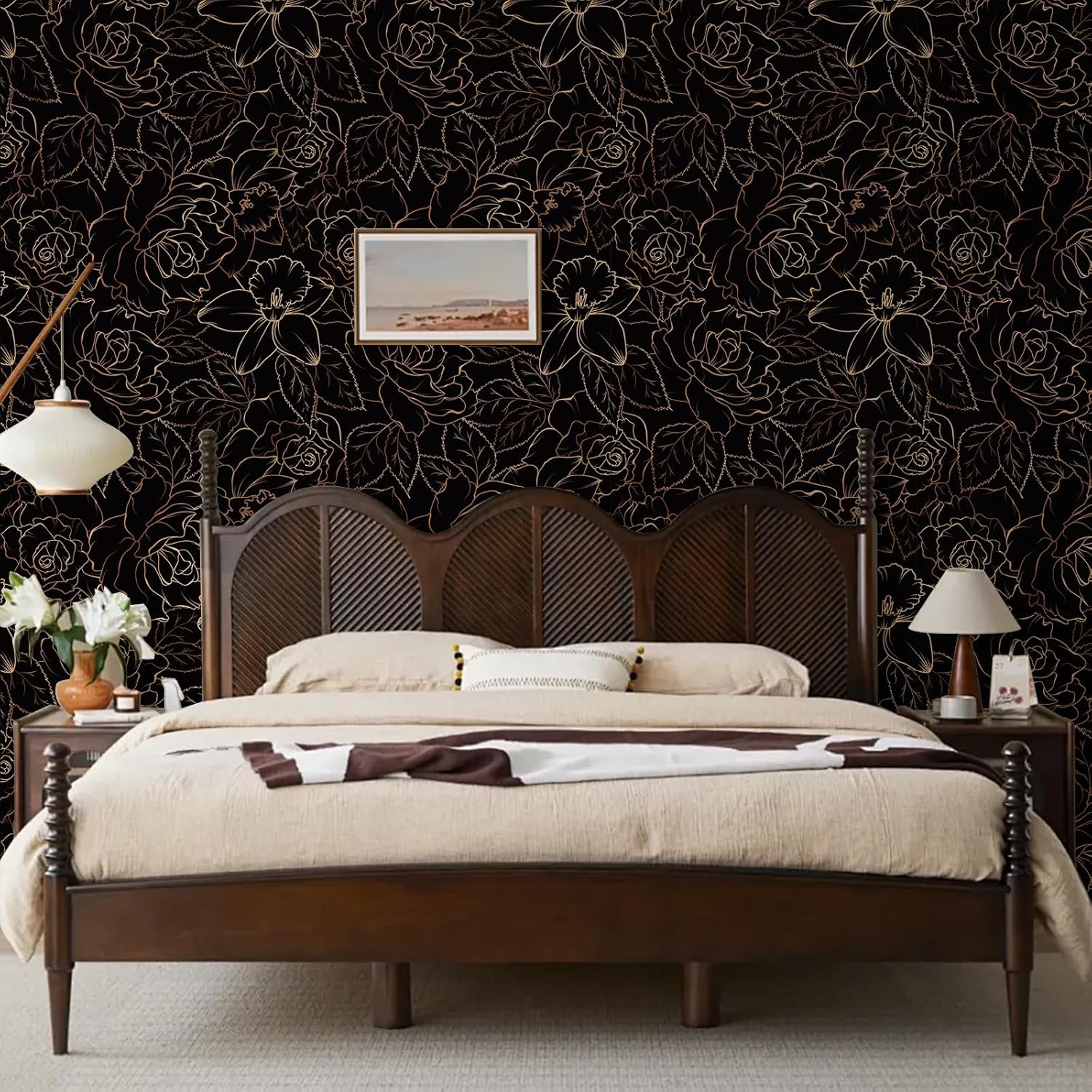 Copper Gold Floral Peel and Stick Wallpaper - Vintage Self-Adhesive Removable Wall Paper Contact Paper for Bedroom - Renter Friendly - 17.71"x236.2"