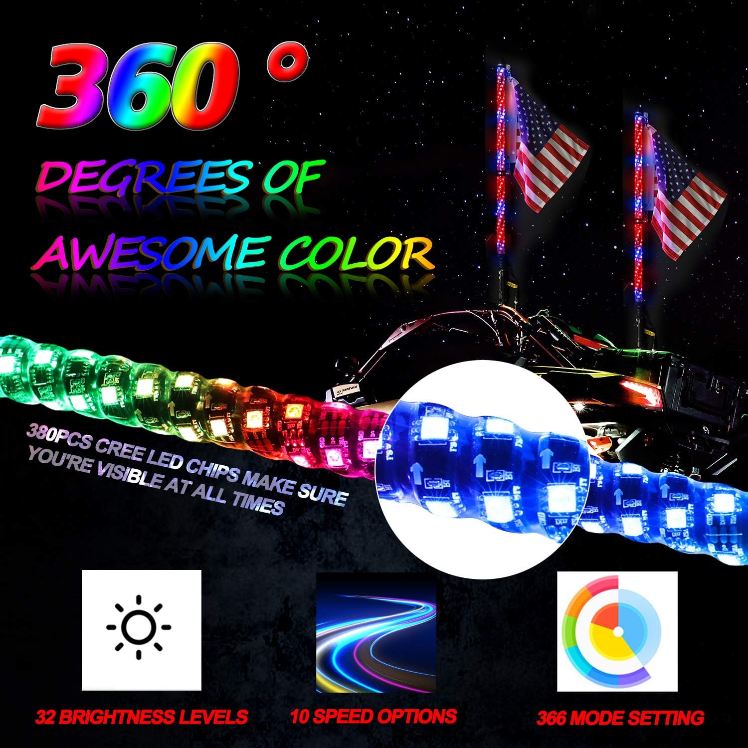 Niwaker 2Pcs 3ft LED Whip Lights with RF Remote Control 360° Spiral Lighted Whips RGB Dancing/Chasing Light Antenna LED Whips for ATV UTV RZR Polaris Off Road Truck Buggy Dune 4X4 SXS : Everything Else