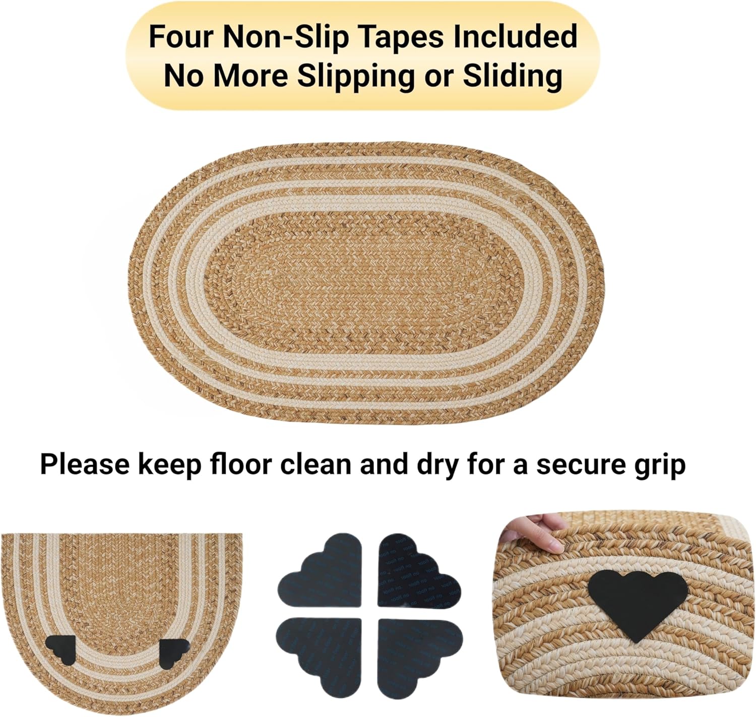 RCTJHOME 2'x3' Oval Braided Entryway Rug, Farmhouse Kitchen and Floor Mat for Indoor/Outdoor Use, Door Mat with Anti-Slip Pads for High Traffic Areas, Rope Rug Without Rubber, Natural Color