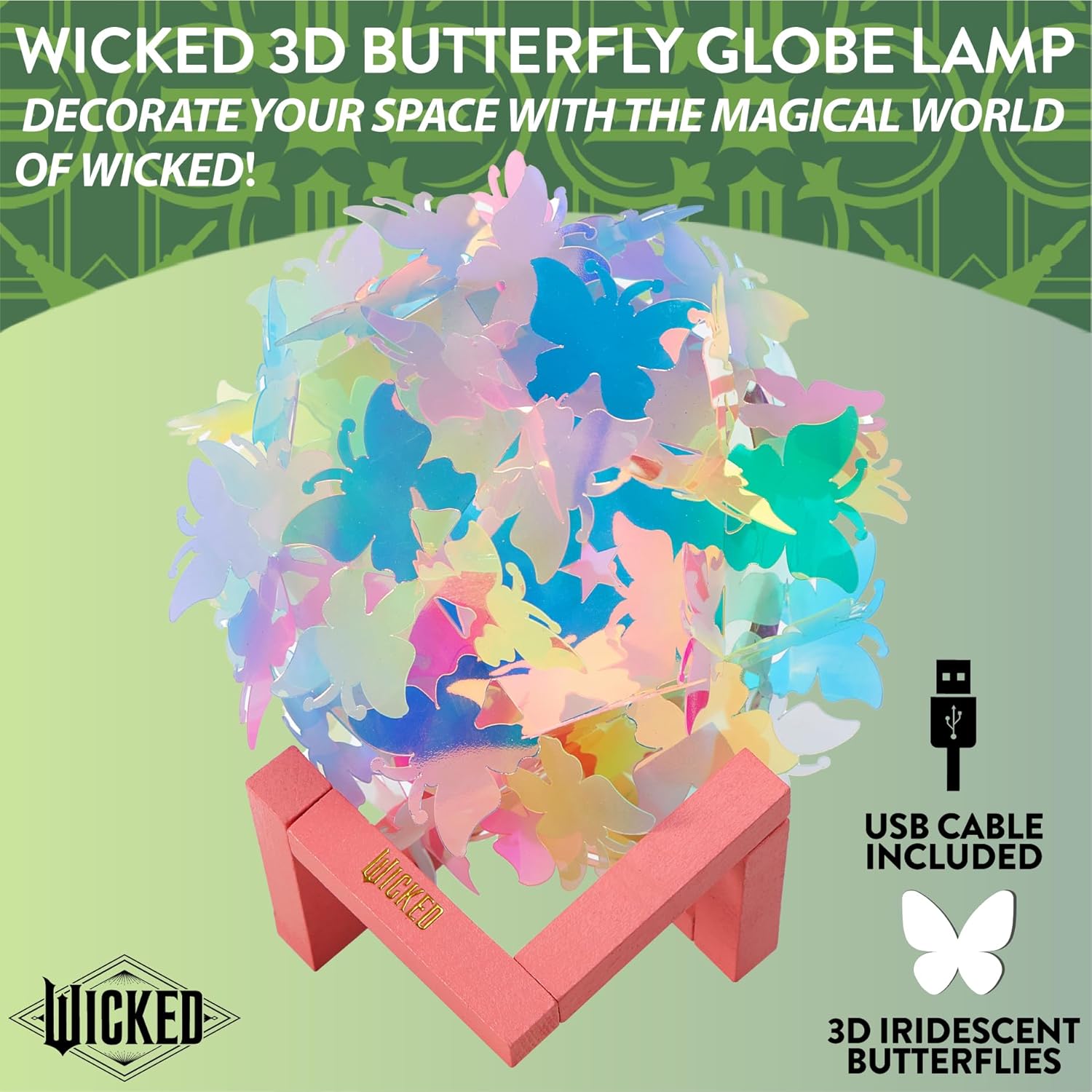 Wicked The Movie 3D Iridescent Butterfly Accent Lamp and Tabletop Night Light with Wood Base