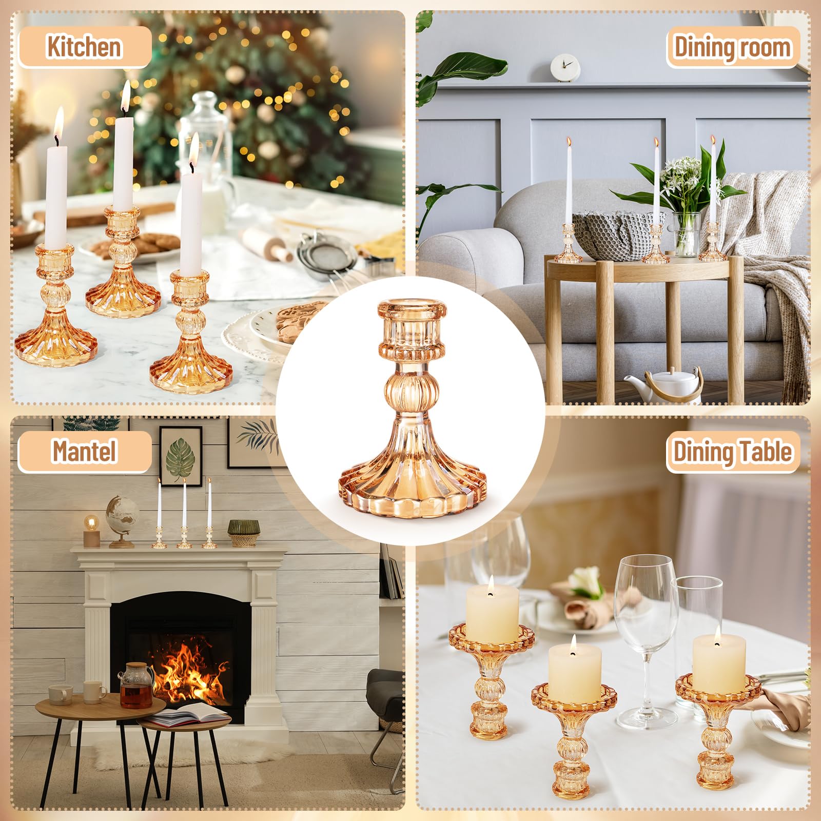 Maxcheck Set of 6 Clear Candlestick Holders Taper Glass Candle Holder Decorative Candle Stand Centerpiece Candle Stick Holder for Table Wedding Dinning Spring Party Anniversary Festival (Amber)