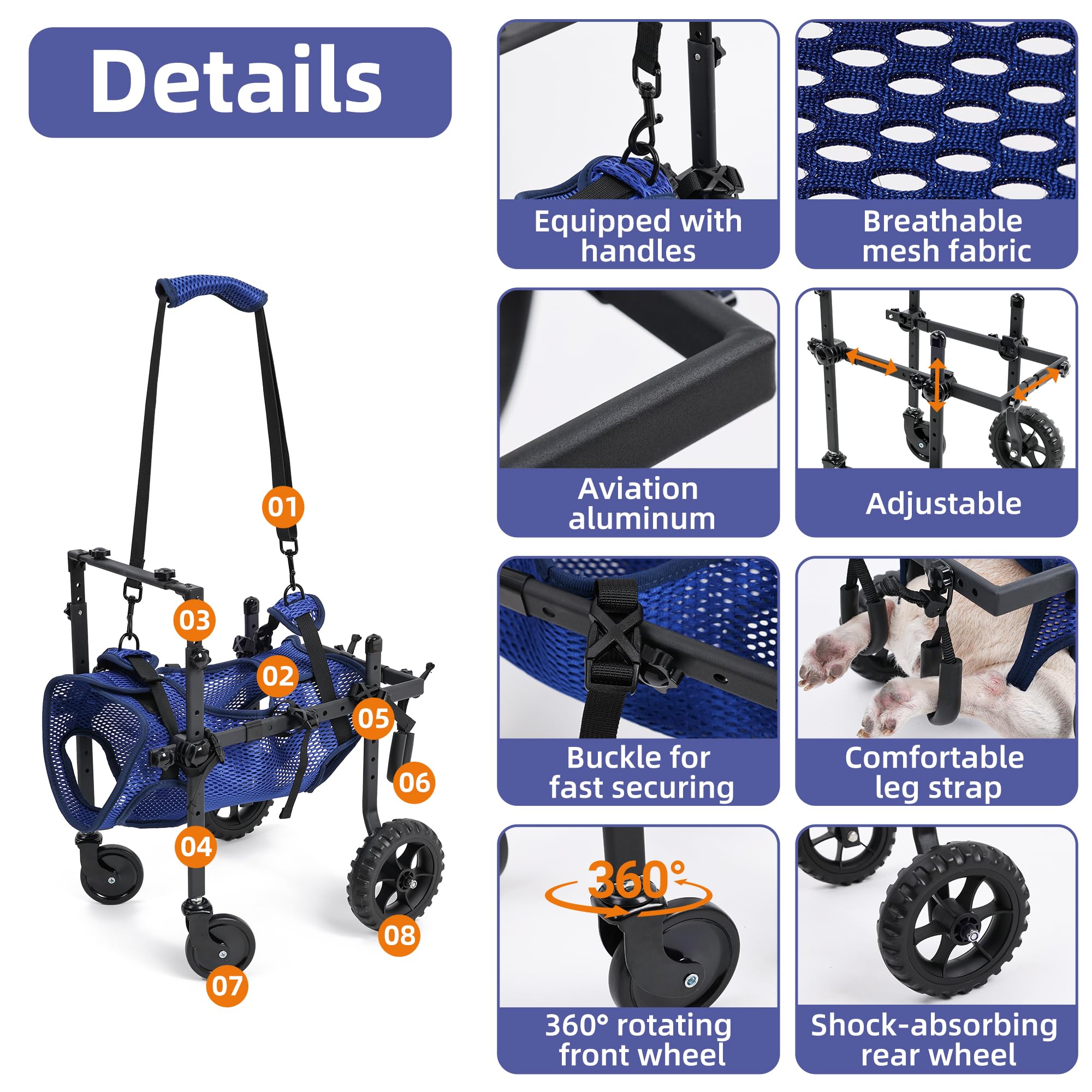 Sedia a rotelle a 4 Ruote per Cani disabili e Anziani, Regolabile, per la Mobilità degli Animali Domestici, con Maniglia, Carrello per Sedia a rotelle per Riabilitazione Posteriore/Gambe (S)