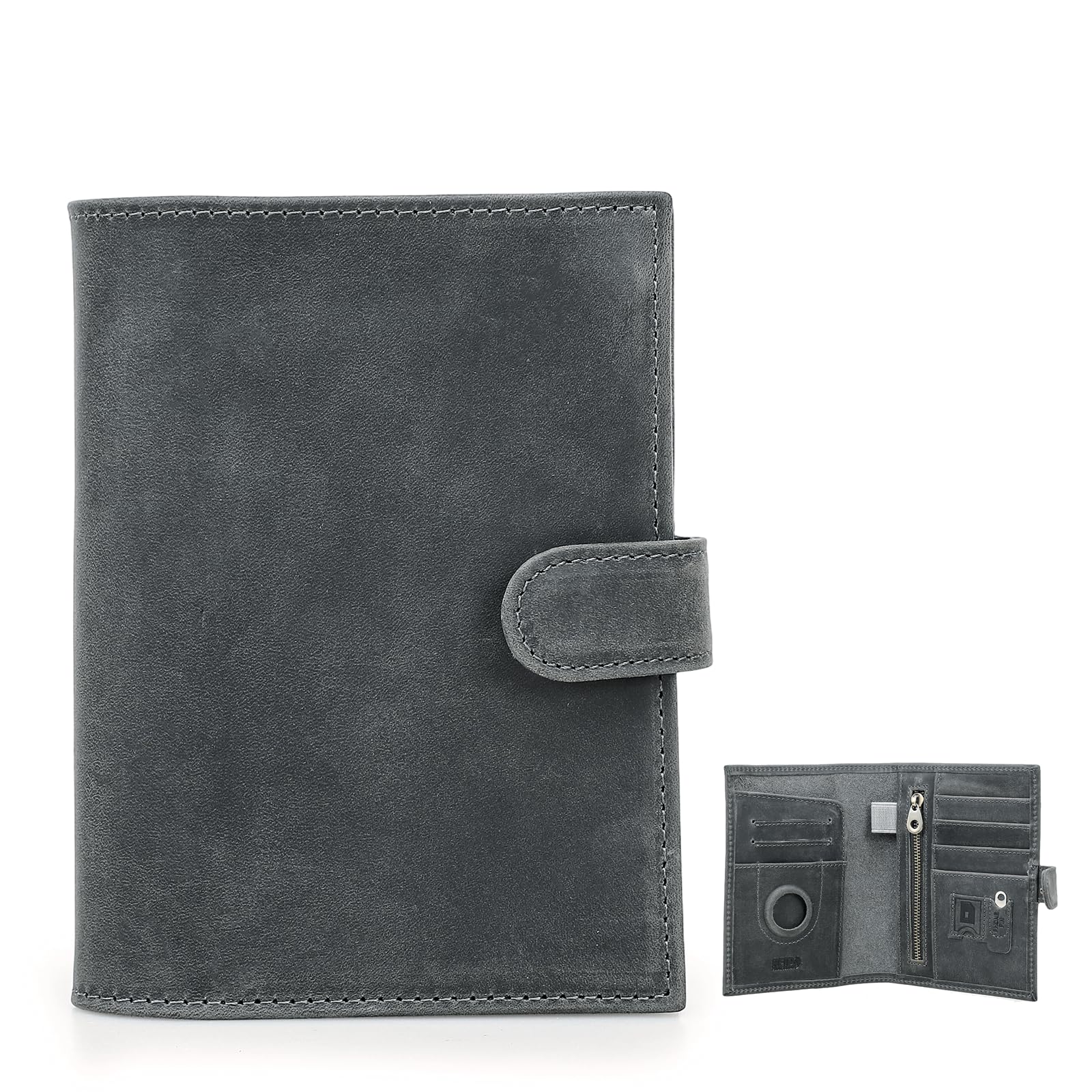 Vintage Genuine Leather Passport Wallet for Men & Women- RFID Protected, with AirTag Slot, SIM Ejector, Pen Holder, Zippered Coin Pocket & Snap Button (Grey)-image-37