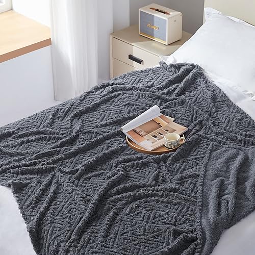 Miniatura 8 de BEAUTEX Manta de forro polar jacquard (50 x 60 pulgadas, gris) para sofá, cama y sofá, manta suave de sherpa mullida, acogedora manta de felpa