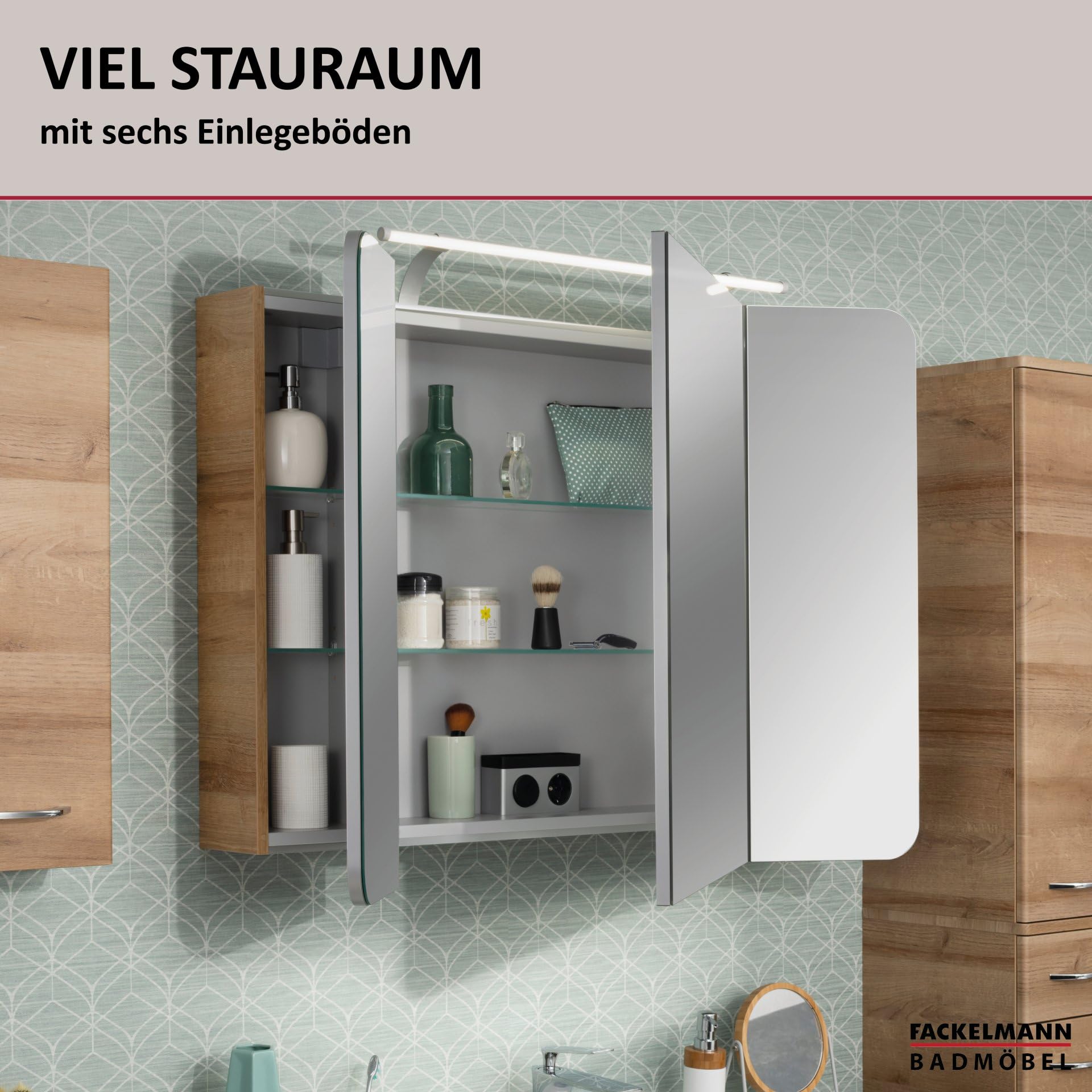 FACKELMANN LED Spiegelschrank Milano/Badschrank mit 3D Effekt/Soft-Close/Maße (B x H x T): ca. 90 x 78 x 15,5 cm/Schrank mit Spiegel & LED-Beleuchtung fürs Bad / 3 Türen/Korpus: Braun hell