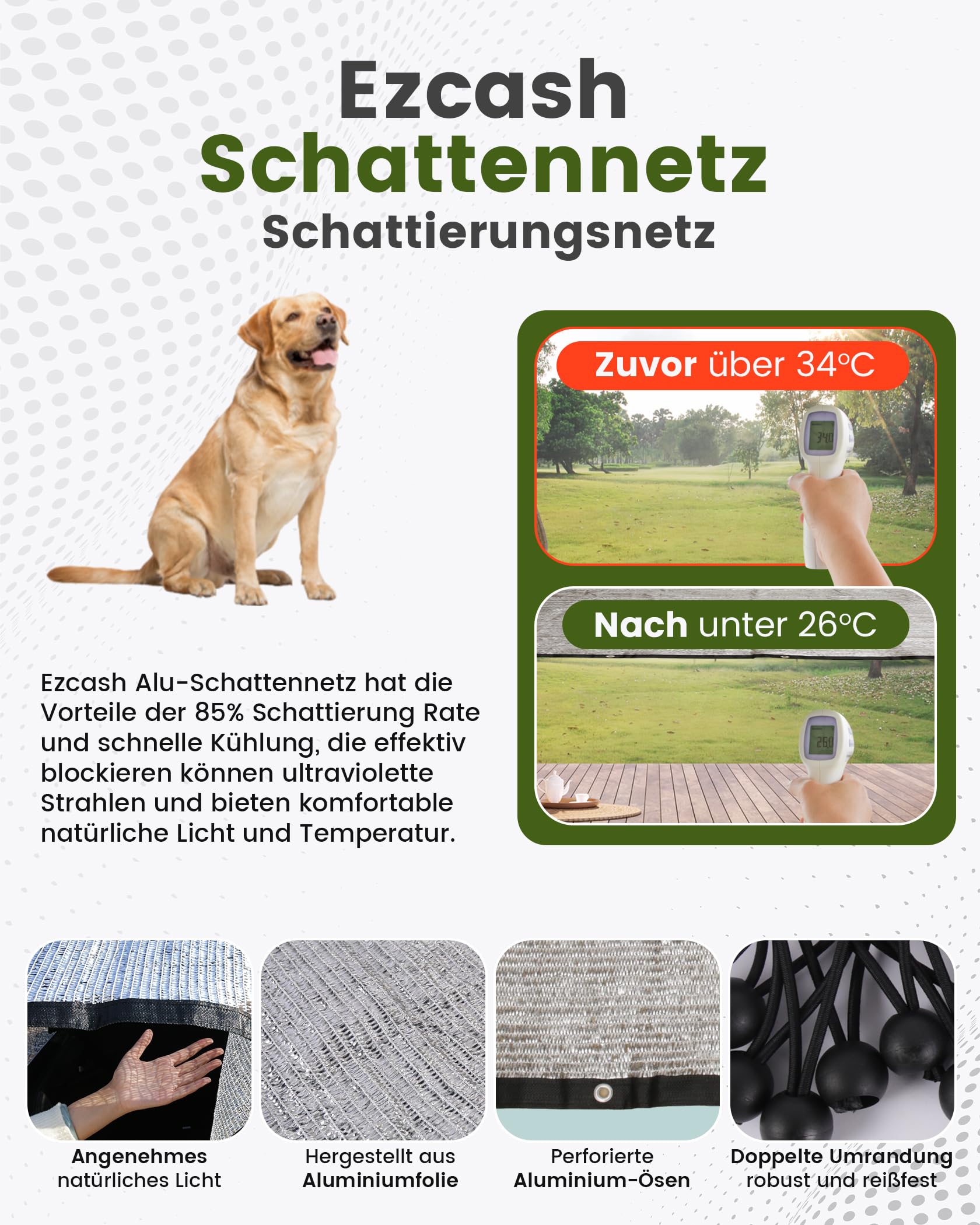 Rete ombreggiante auto per cani, 3 x 4 m, 85% alluminio, protezione solare e UV, adatta per esterni, con cordino elastico, corda di nylon da 5 m, chiodi