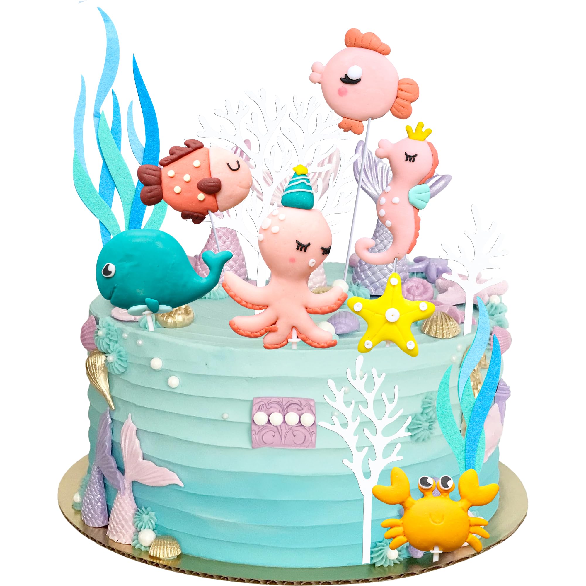 Gyufise 12 Pack Under The Sea Cake Decoration Ocean Animal Devil Fish Crab Dolphin Octopus Seahorse Cake Toppers for Ocean Mermaid Theme Party Supplies Blue