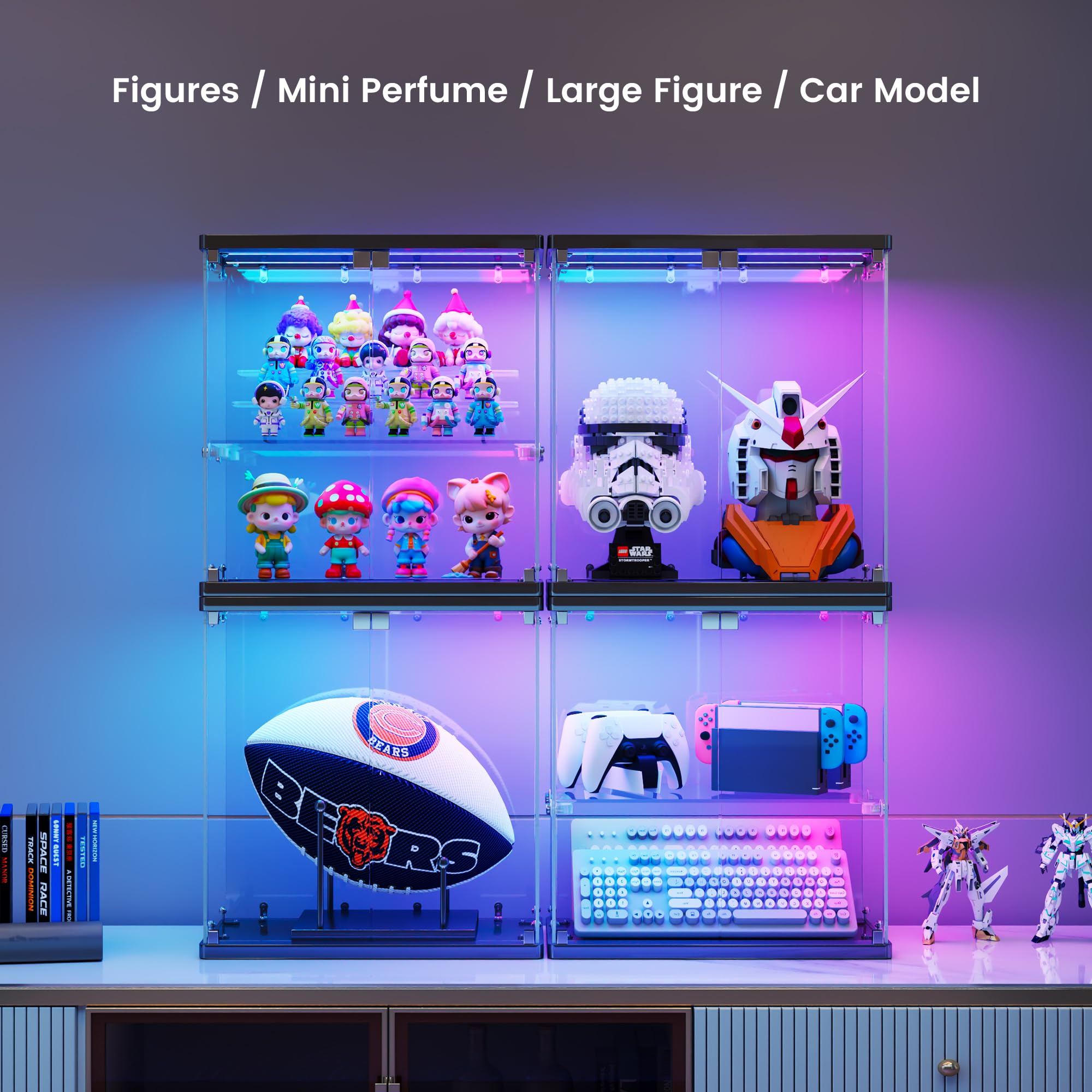 Vlsrka Vitrine en Verre avec éclairage LED et Portes vitrées, pour Figurines et Objets de Collection, Petite vitrine à Deux étages équipée d'un détecteur de Mouvement, Blanc