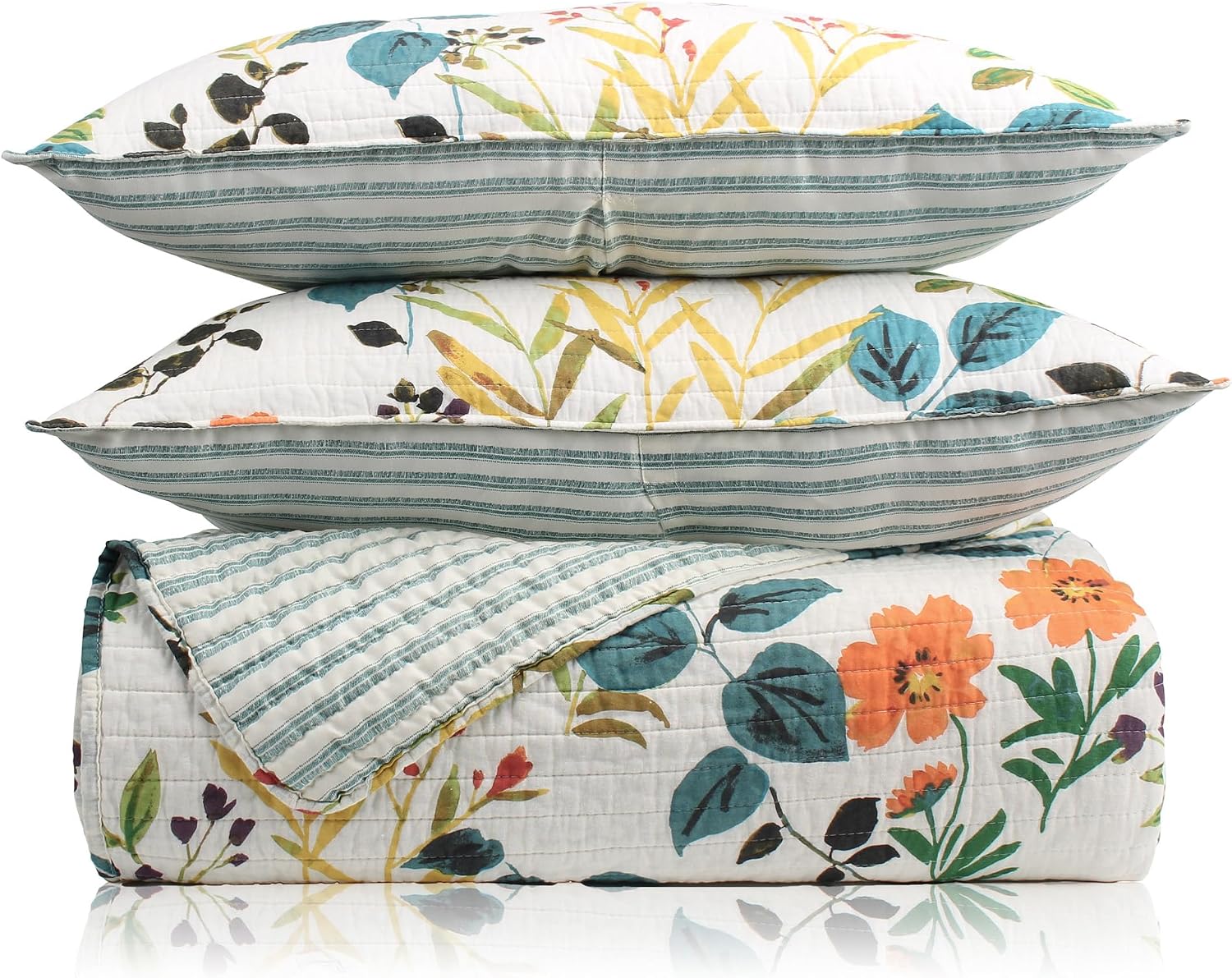 Levtex Home Homthreads Tessa Quilt Set - Full/Queen Quilt and Two Standard Shams - Floral - Orange Teal Ochre White - Quilt (88x92in.) and Shams (20x26in.) - Reversible - Cotton/Polyester