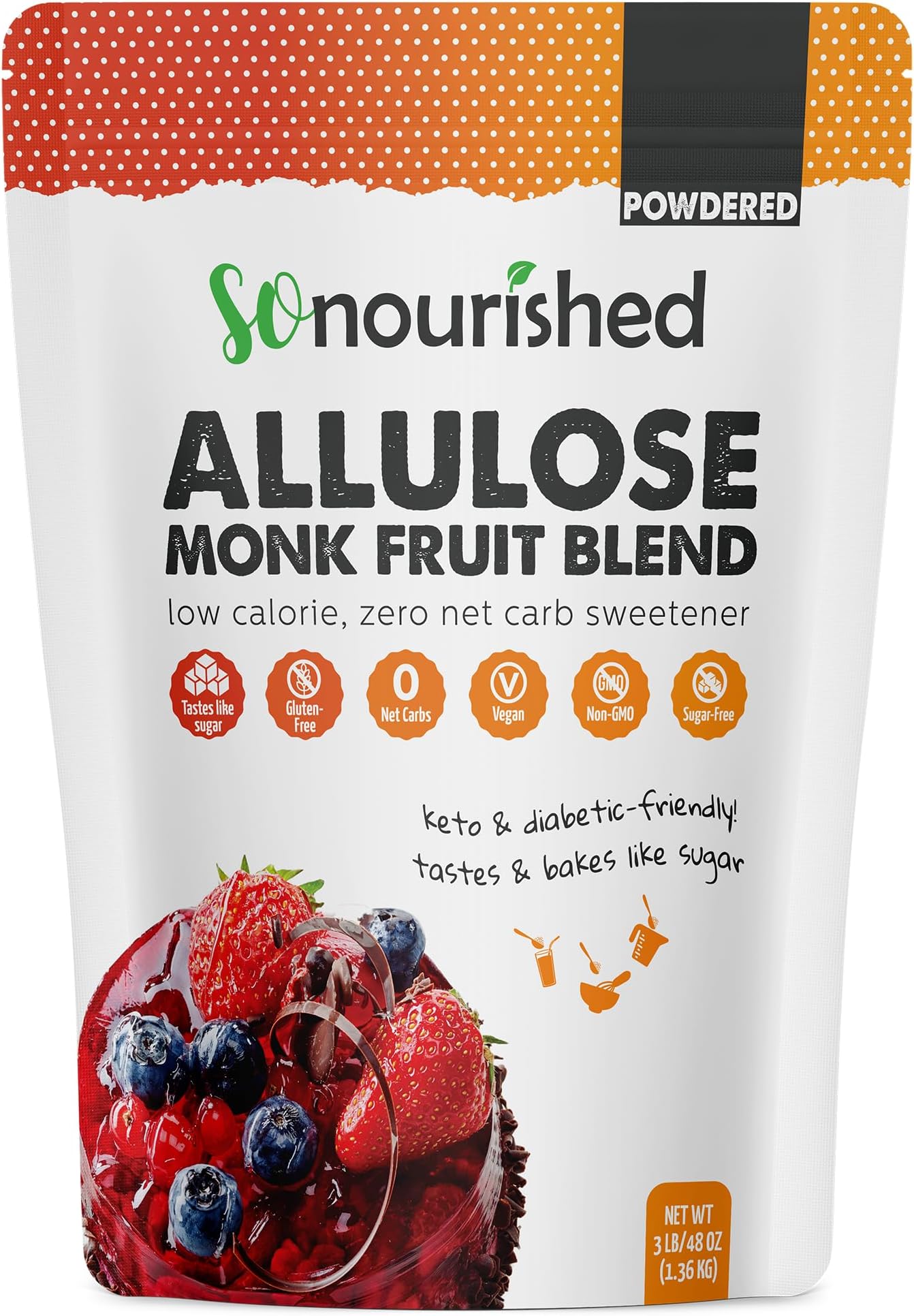 So Nourished Monk Fruit Sweetener with Allulose Powdered - 1:1 Sugar Substitute, Keto - 0 Calorie, 0 Net Carb, Non-GMO (3 lb / 48 oz)