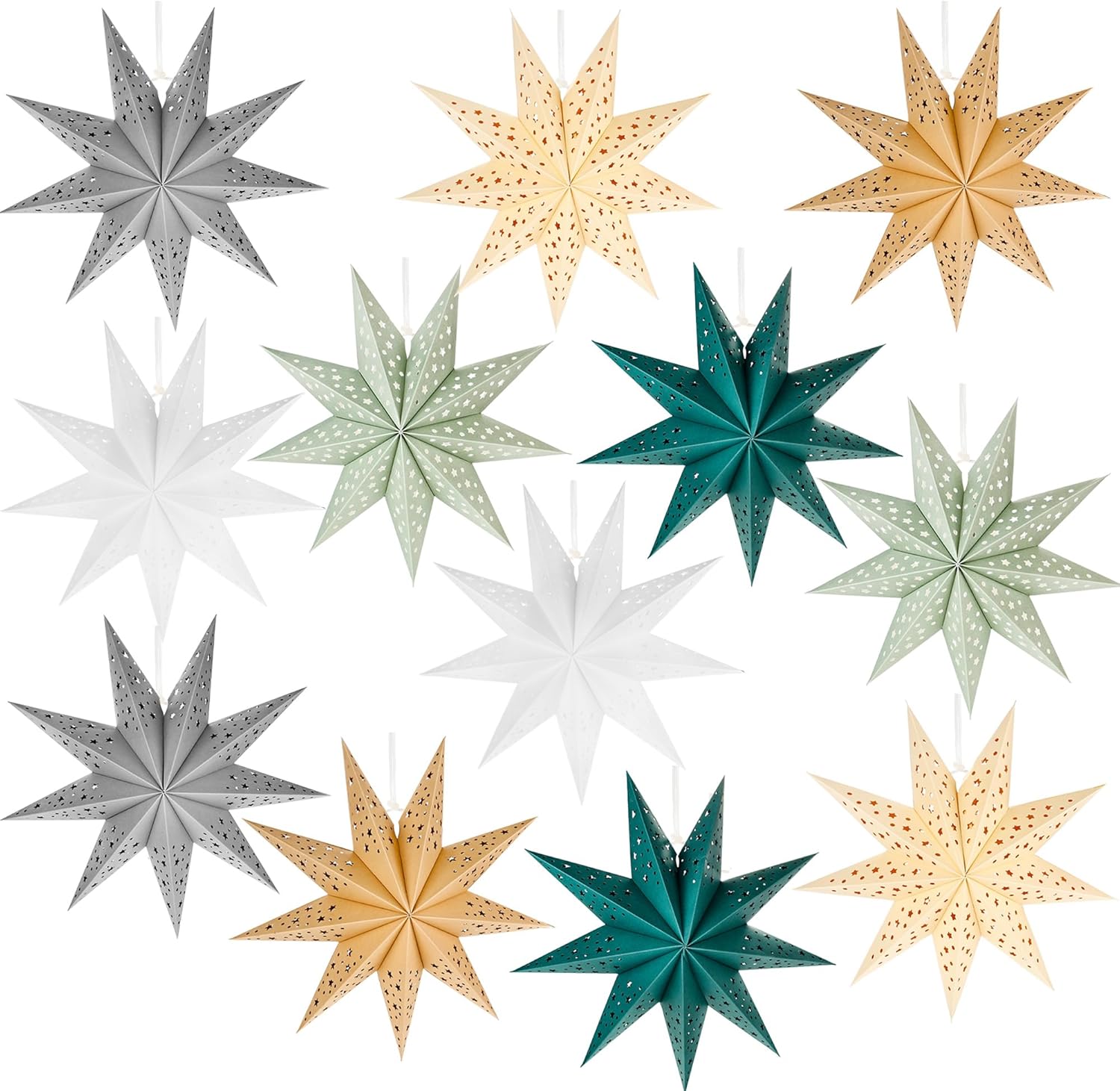 12 Pack 18 Inch Large 3D Paper Star Hollow 9 Pointed Giant Hanging Paper Star Lanterns Lampshade for Christmas Wedding Home Birthday Party, 6 Colors