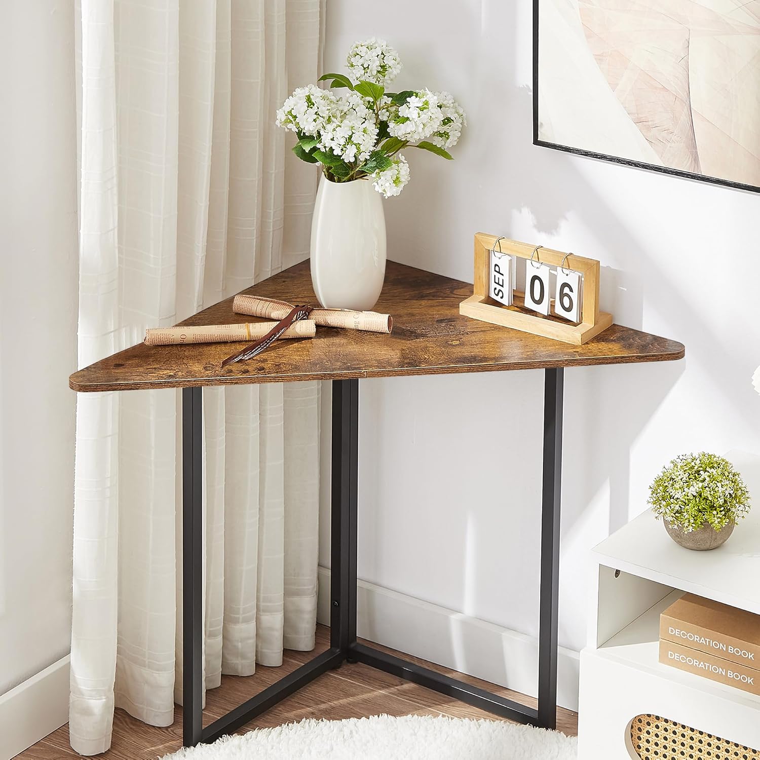 VECELO Corner Shelf, End Side Tables, Triangle Shelves with Metal Frame for Small Space, Living Room, Kitchen, Bathroom 31.1" Retro Brown