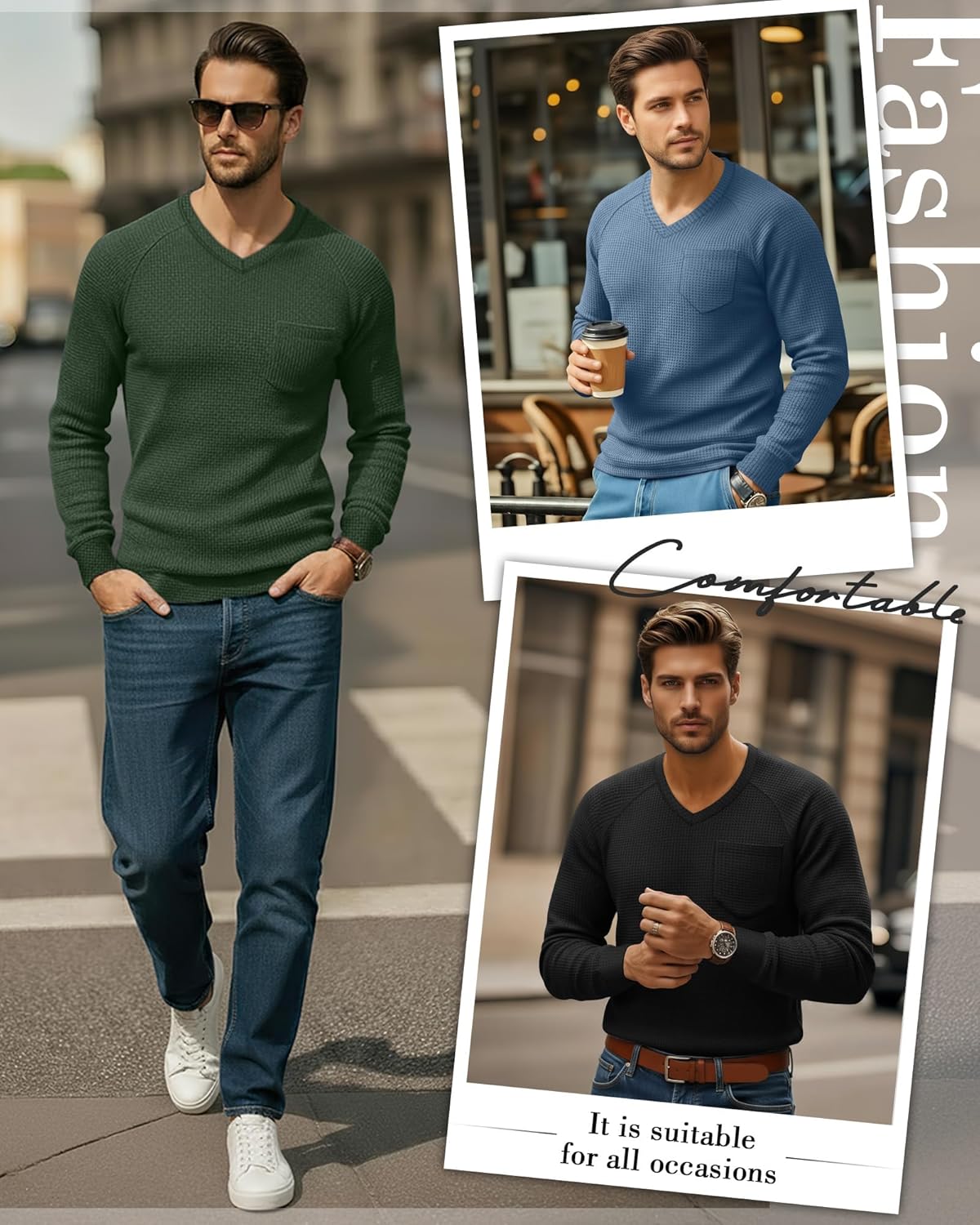 Neer 3 Pack Men's Big and Tall Waffle Thermal Long Sleeve Shirts V Neck Tops Casual Pullover Knit Undershirt with Pockets - Image 6