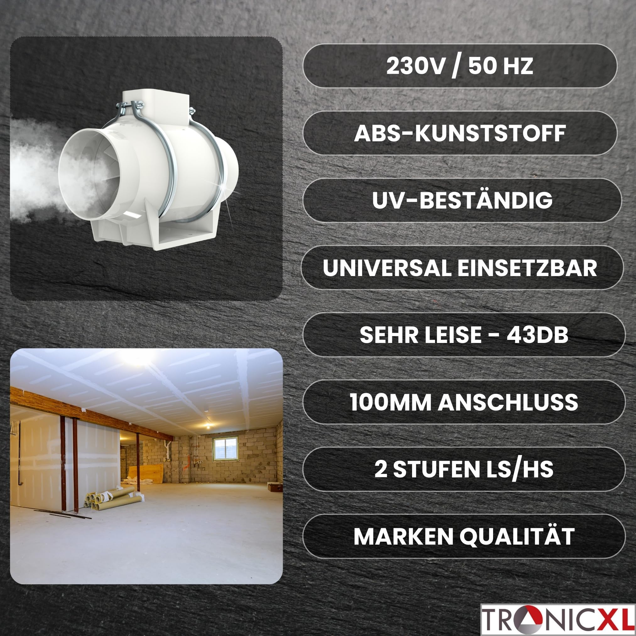 TronicXL Turboventilator Axial Rohrventilator 100mm leise I Rohrlüfter Abluftventilator Abluft/Zuluft Lüfter Ventilator Bad Küche Garage Rauchabzug Werkstatt