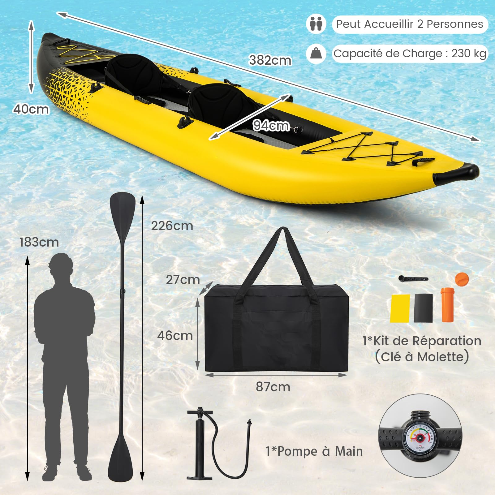 GYMAX Kayak Gonflable pour 2 Personnes, 2 Pagaies en Aluminium, Pompe à Main, 2 Ailerons, Sièges Rembourrés, Repose-Pieds Réglables, Capacité 230 Kg