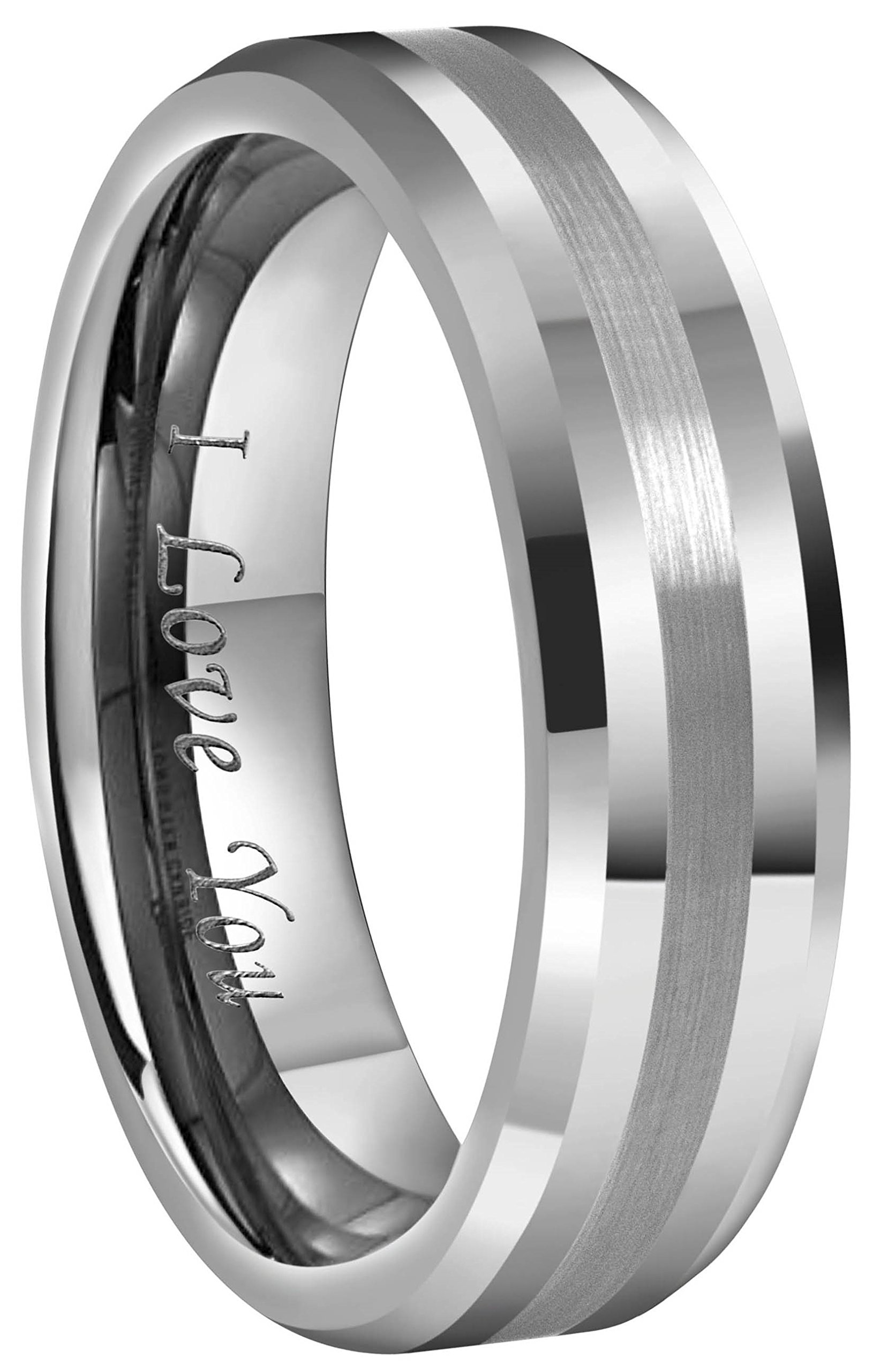 6mm 8mm 10mm Silver/Gold Tungsten Carbide Wedding Band Ring Engraved I Love You Men Women Brushed Strip Beveled Edge Size 4 to 17