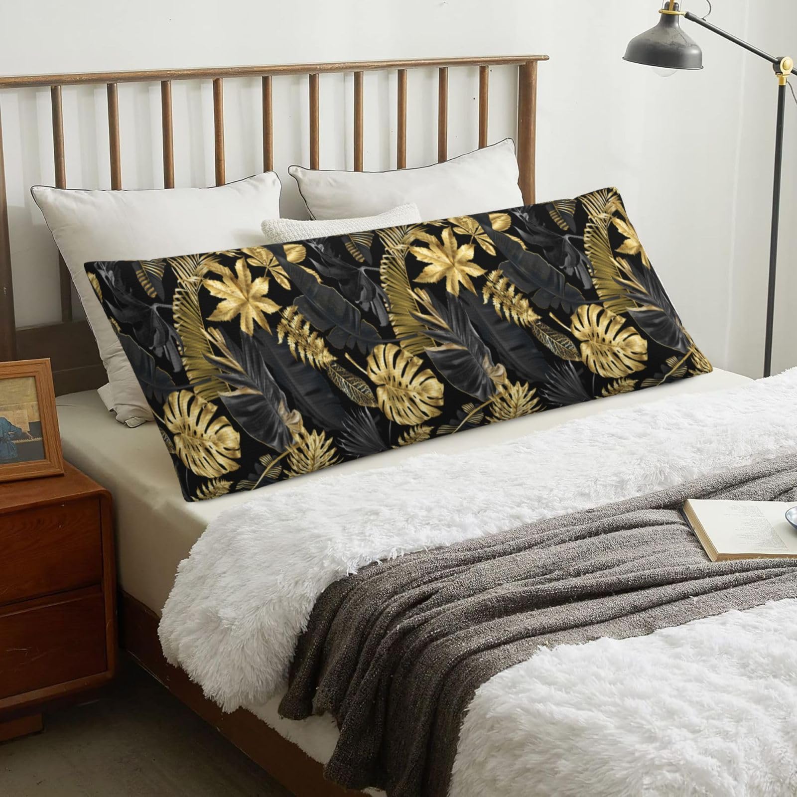 Gold Black Tropical Leaves, Body Pillow Cover with Zipper,Long Body Pillowcase 20 x 60 in