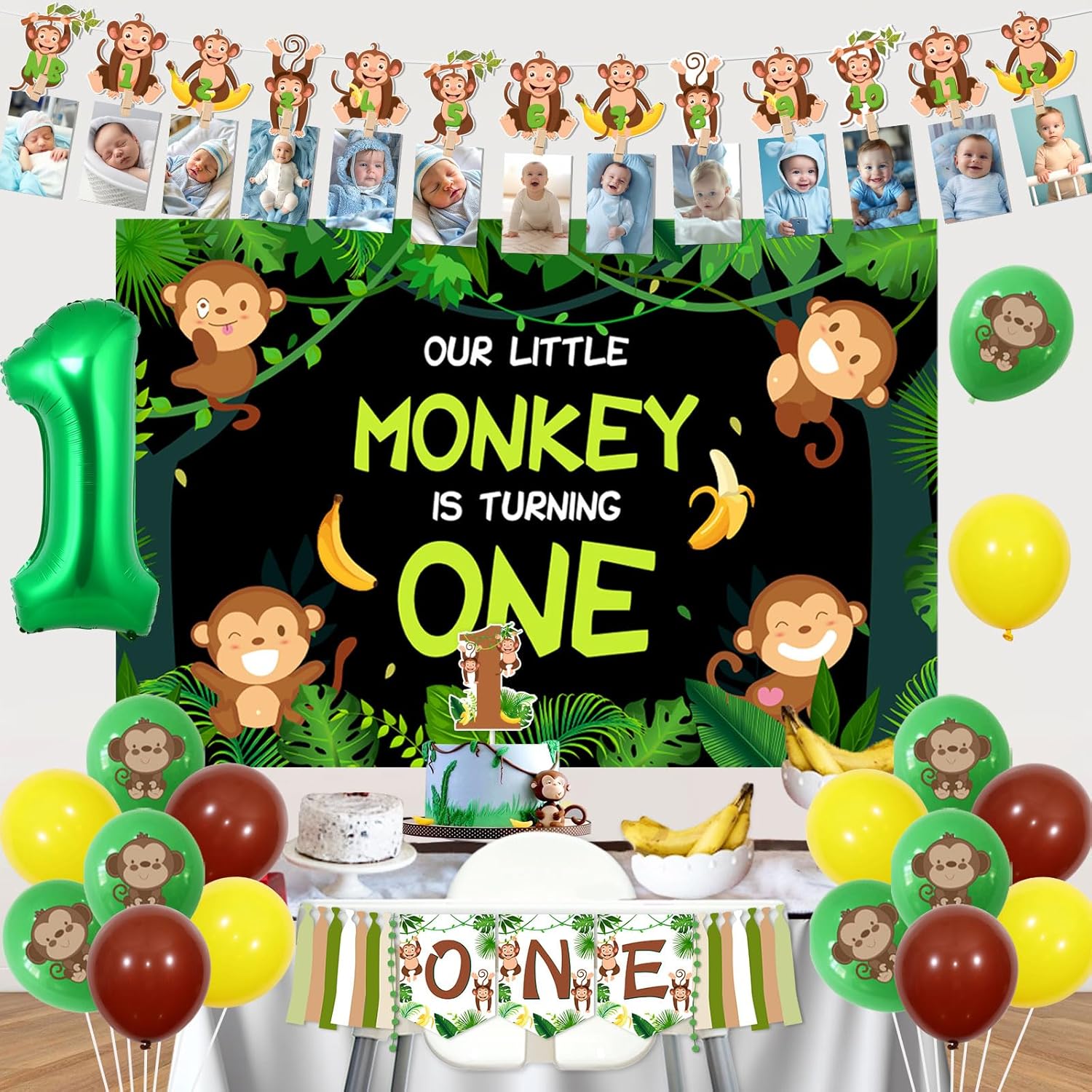 Monkey 1st Birthday Party Decorations for Boys With Our Little Monkey is Turning One Backdrop Monkey Bday High Chair Banner Photo Banner Cake Toppers for Jungle Monkey Birthday Supplies