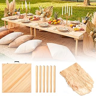 Sintuff 8 Person Boho Table Low Folding Picnic Table Beach Portable Low Wood Floor Event Foldable Garden Wedding Party Camping Picnics with Runner Set(Wood Color, 30 x 60 Inches, Diagonal Stripe)