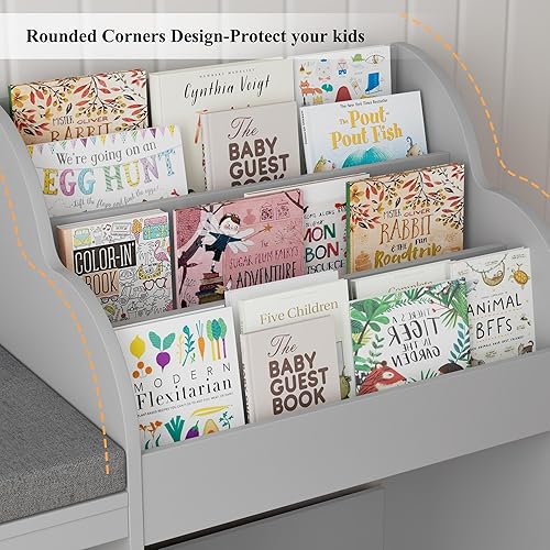 Miniatura 6 de HOSTACK Rincón de lectura para niños de 67 pulgadas con banco, estantería para niños y estantería con cojín de asiento y 6 cubos de almacenamiento,