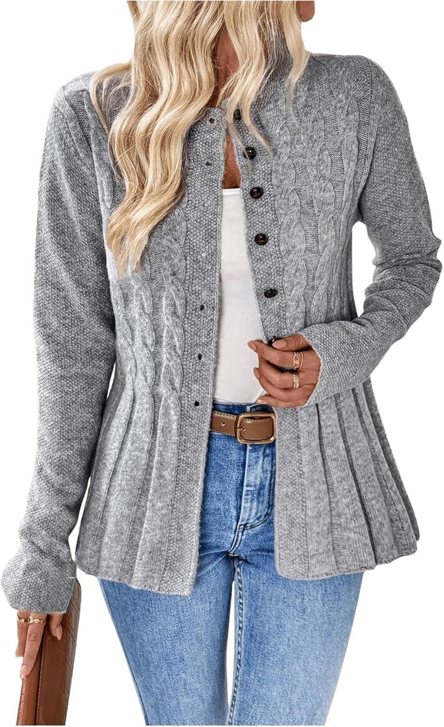 SOLY HUX Women's Button Up Cardigan Sweater Long Sleeve Cable Knit Lightweight Business Casual Peplum Tops Outwear Coat