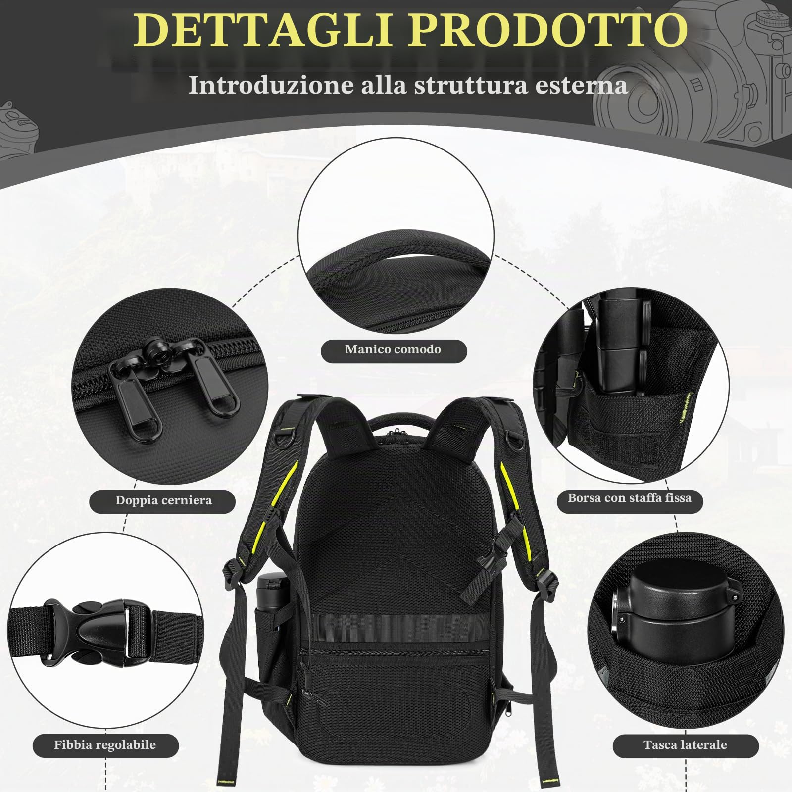 Zaino rigido per fotocamera, borsa per fotocamera fotografica, resistente all'acqua, antiurto, con supporto per treppiede e scomparto per laptop da 15,6 pollici, compatibile con Canon/Nikon