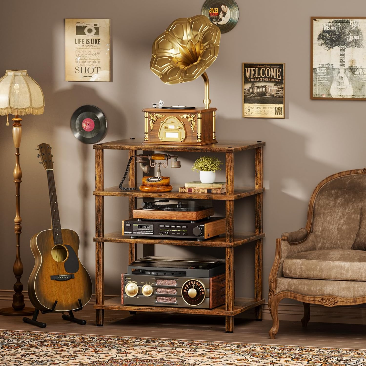 LELELINKY 4-Tier AV Media Player Stand, Brown Stereo Cabinet, Modern Stereo Cabinet, Wooden TV Stand,Game Console Shelf, Multifunctional Entertainment Center, Suitable for Home, Conference Room
