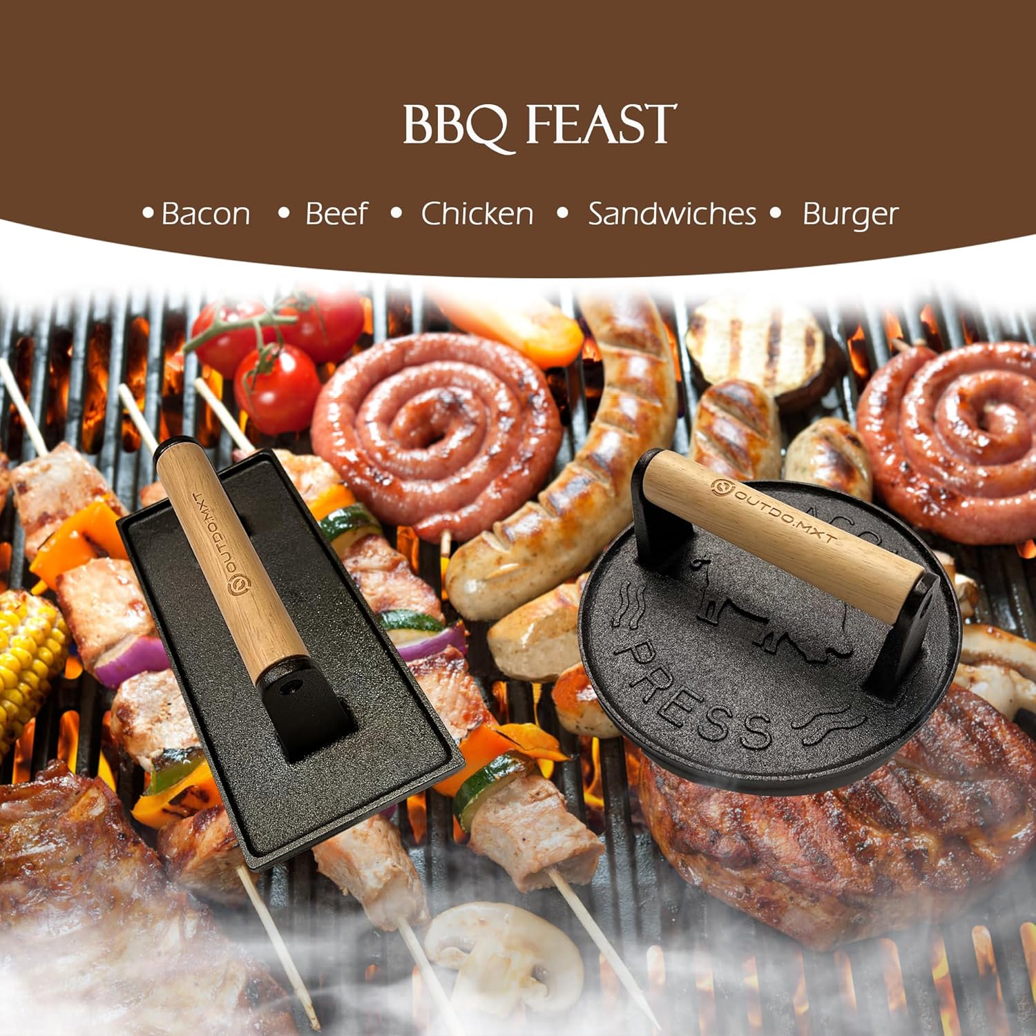Cast Iron 7" & 8.5" X 4.3" Smash Burger Press, Heavy Duty Burger Smasher with Wooden Handle and Silicone Protective Cover for Griddle,Grill Press for Hamburger, Bacon, Barbecue Grilling Tool