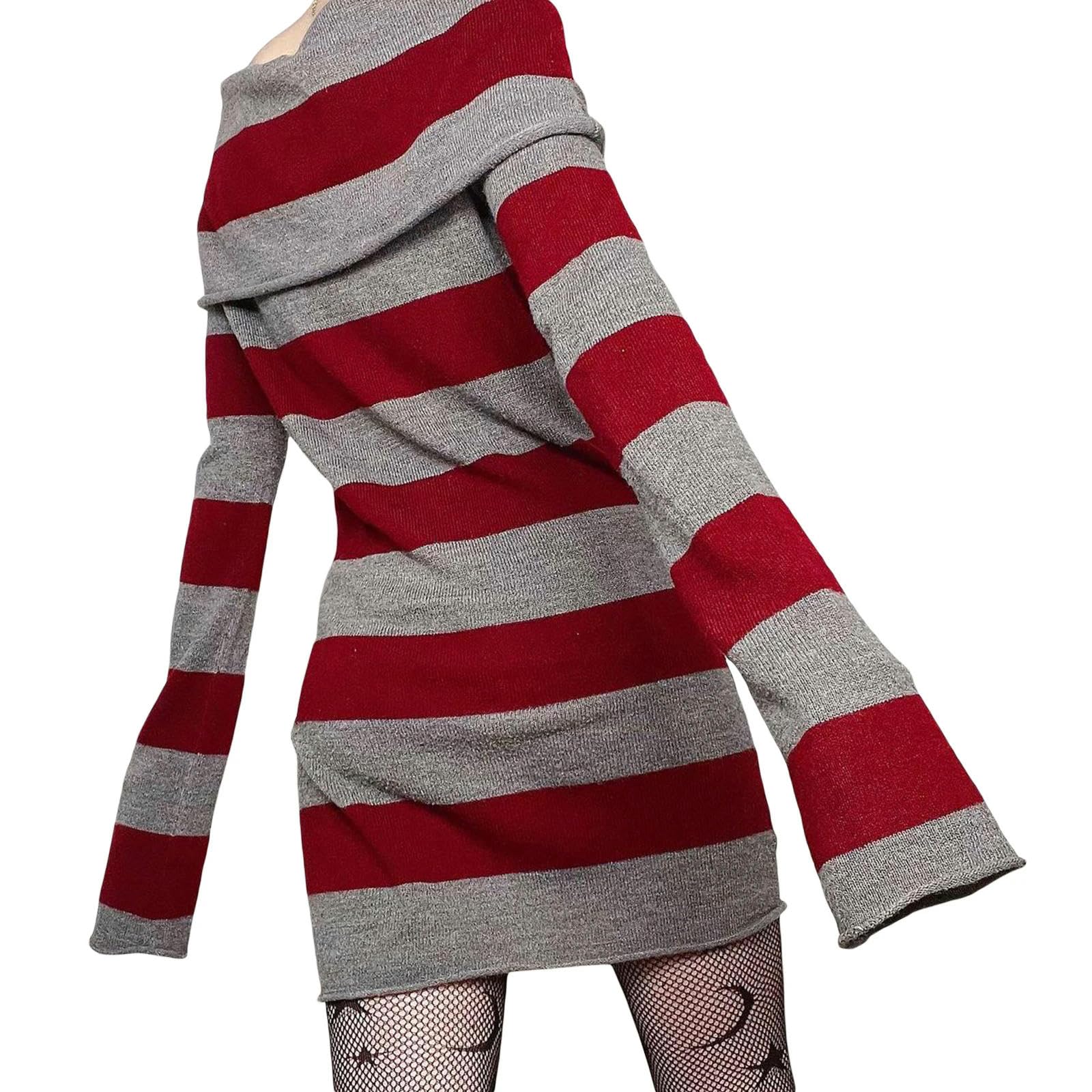 Vestido Ajustado Corto de Primavera para Mujer, Vestido de Fiesta con Cuello Barco, Manga Larga y Rayas, Ajustado a la Cadera, Talla B-XL