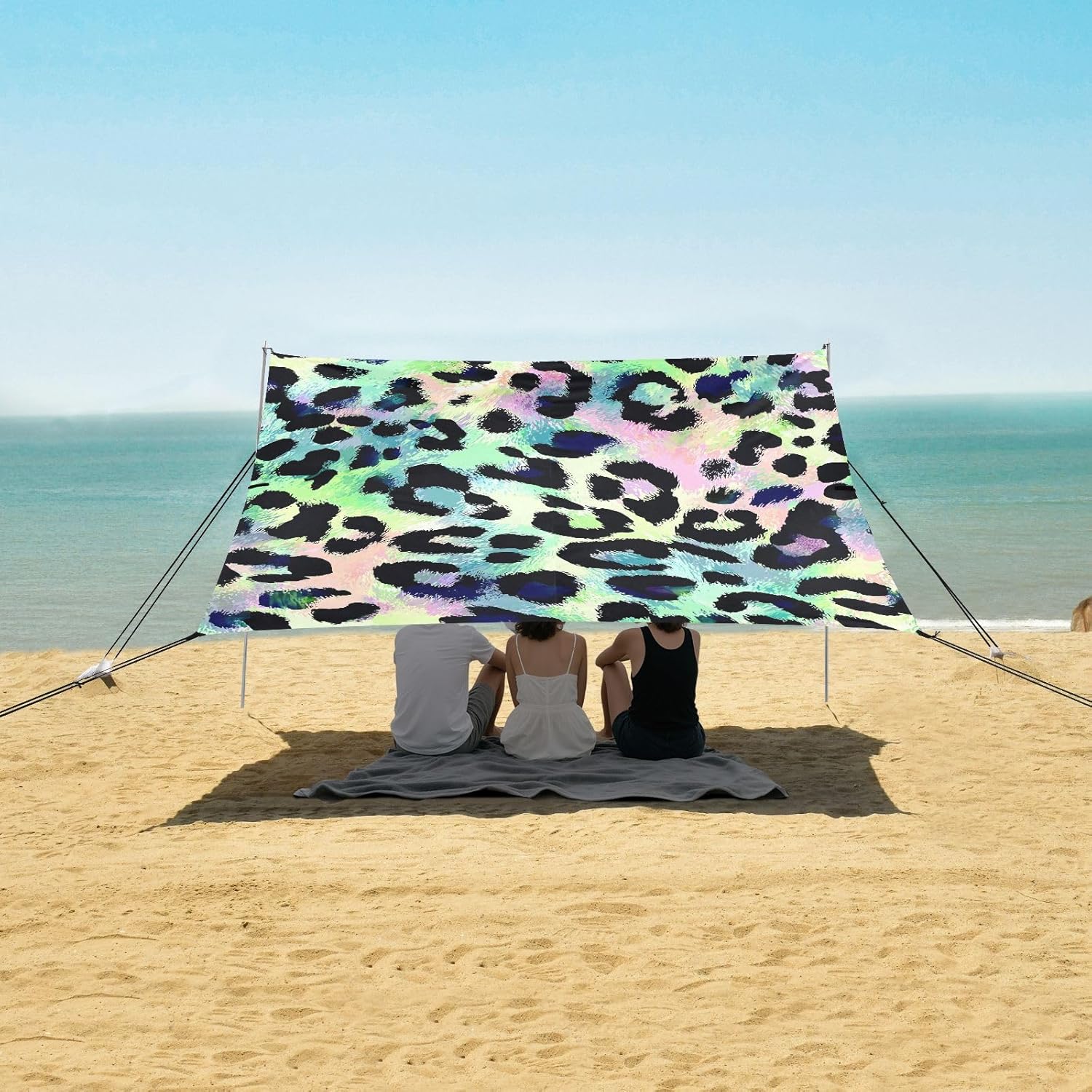 ALAZA Colorful Leopard Cheetah Beach Tent Sun Shelter UPF50+ Protection Beach Shade Canopy w/ 4 Sandbags for Outdoor Camping, Fishing, Backyard Fun, Picnic, 10x9 ft