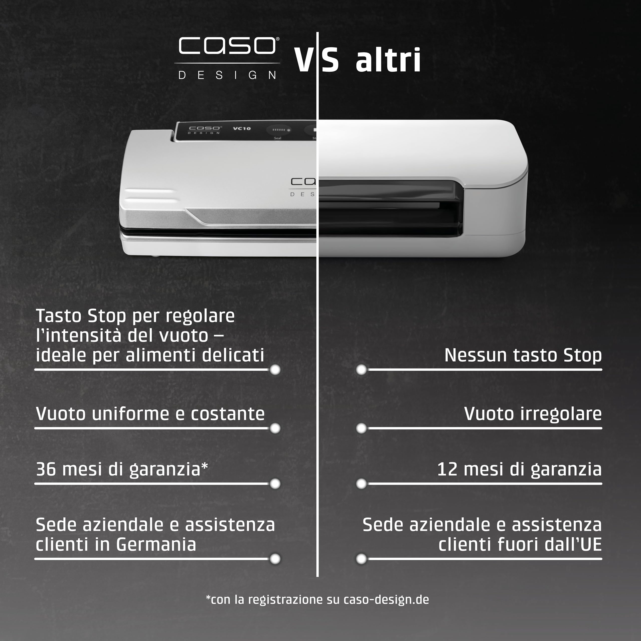 CASO VC 10 - Macchina sottovuoto per alimenti compatta, mantiene gli alimenti freschi fino a 8 volte più a lungo, sigillatura stabile fino a 30 cm, inclusi 10 sacchetti professionali - argento