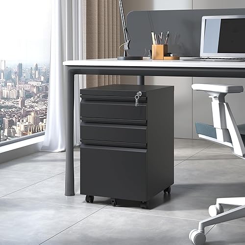 Miniatura 3 de EKJ Archivador móvil de 3 cajones, archivadores de metal negro para debajo del escritorio con ruedas, archivador vertical delgado para oficina en