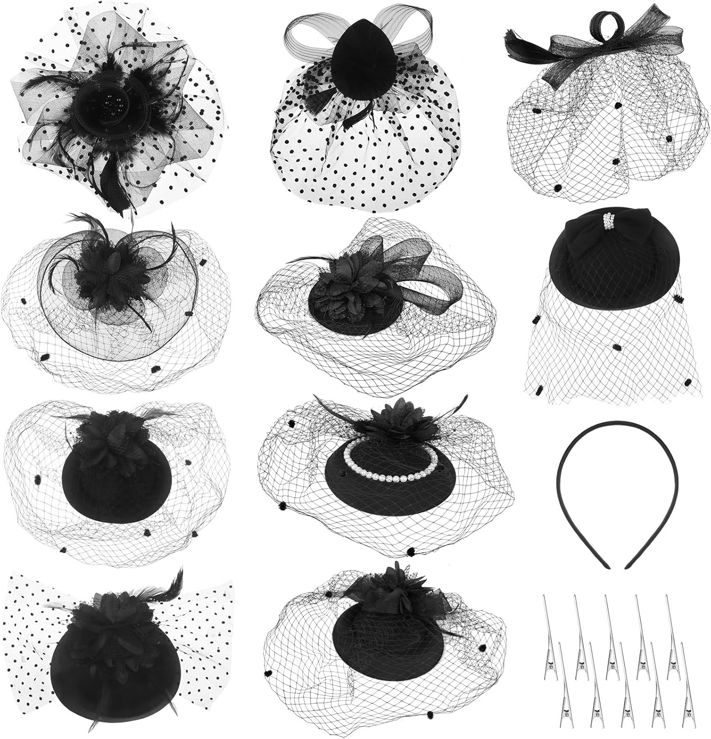 10 Sets Fascinator Hats Flower Mesh Feathers Headwear Black Funeral Veil Hats Hair Clips with 10 Pcs Hairbands for Girls and Women Tea Party Wedding Cocktail Formal Events Supplies
