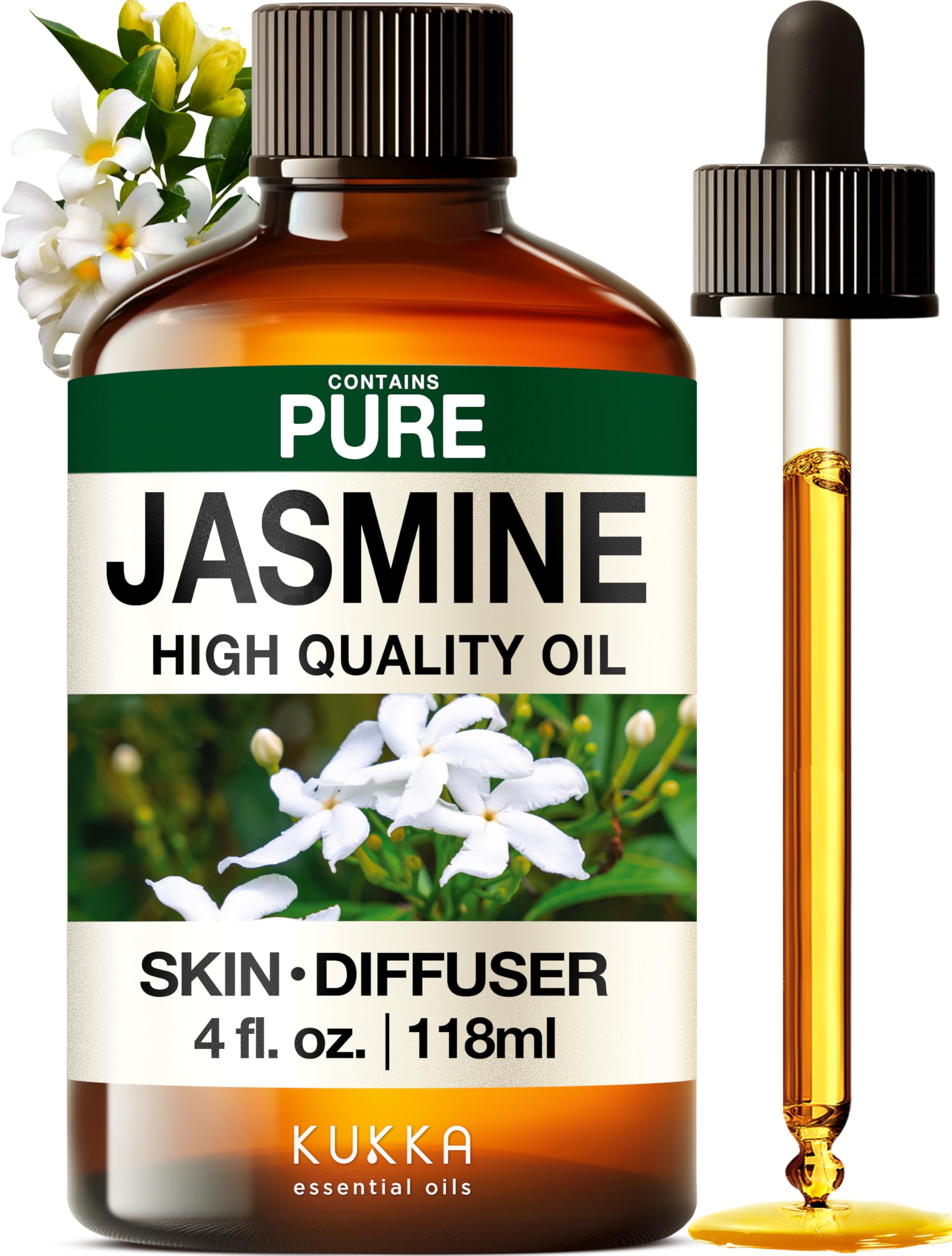 KUKKA essential oilsJasmine Essential Oil for Diffuser - 4 Fl Oz - 100% Pure Natural Jasmine Oil for Skin, Hair & DIY Soap Making Scents - A Great Relaxing Floral Addition for Hair Car & Perfume