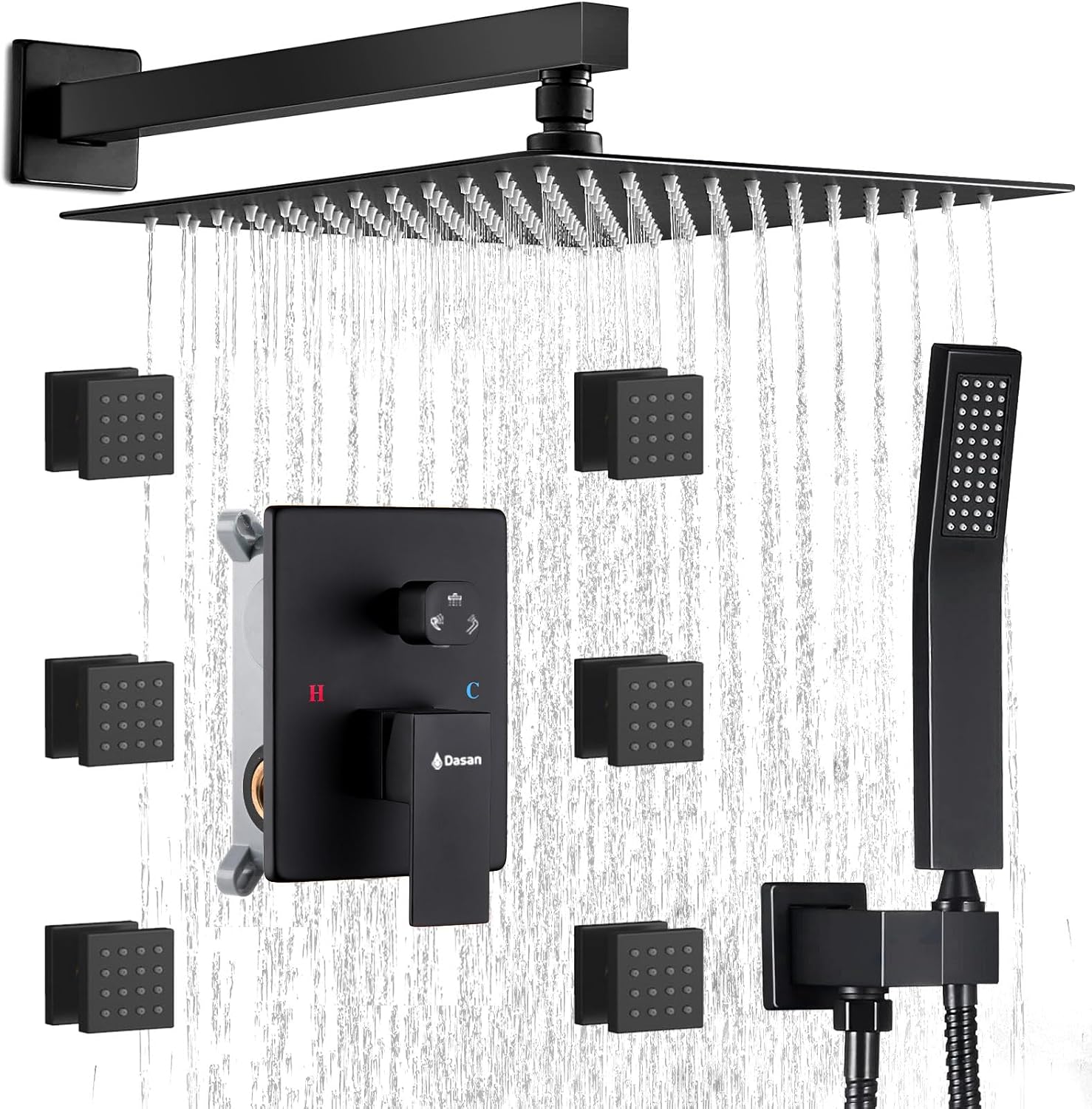 DASAN Full Body Shower System with 6 PCS Body Spray Jets & 12'' Rain Overhead Shower & Handheld