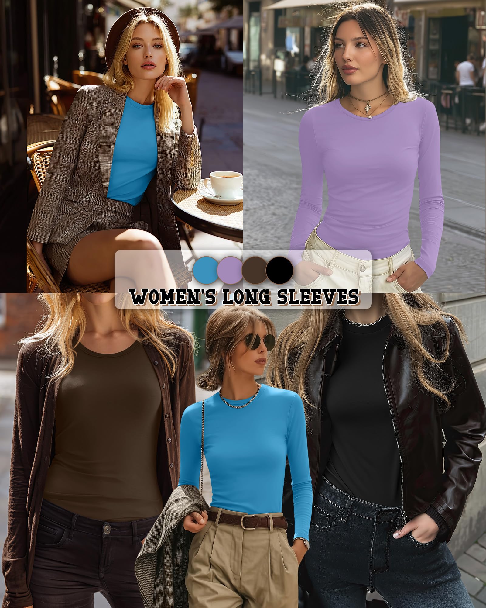 Neer Lot de 4 chemises à manches longues pour femme - Col rond - Coupe ajustée - Extensible et décontracté