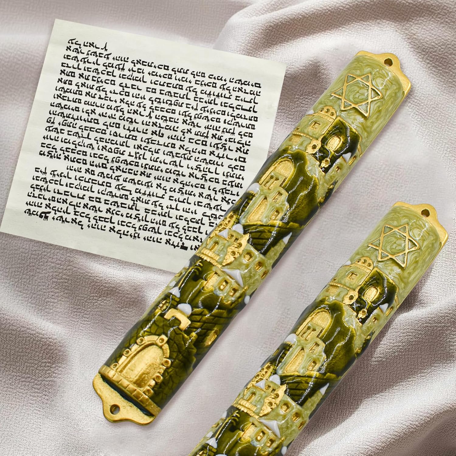 MrMrKura Mezuzah with Scroll for Door, Enamel&Zinc Alloy Blessing Mezuzah Case for Door, Colored Painted Mezuzha Scroll Kosher for Jewish Gifts/Jewish Decor, Christmas (Gold, 5.78 * 0.86 in)