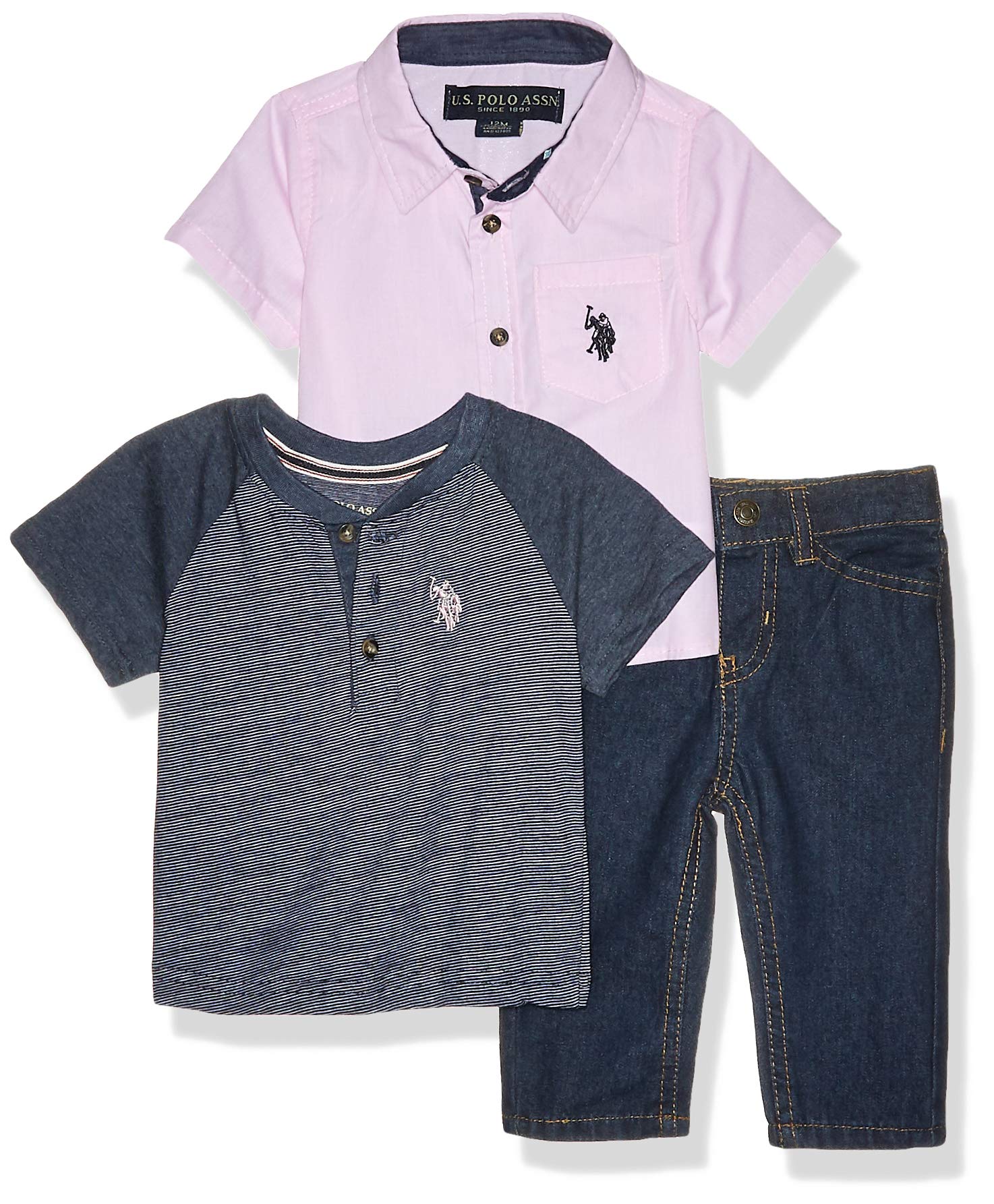 U.S. Polo Assn. Baby Boy's 3 Piece Short Sleeve Woven Shirt, Henley, and Jean Set Pants